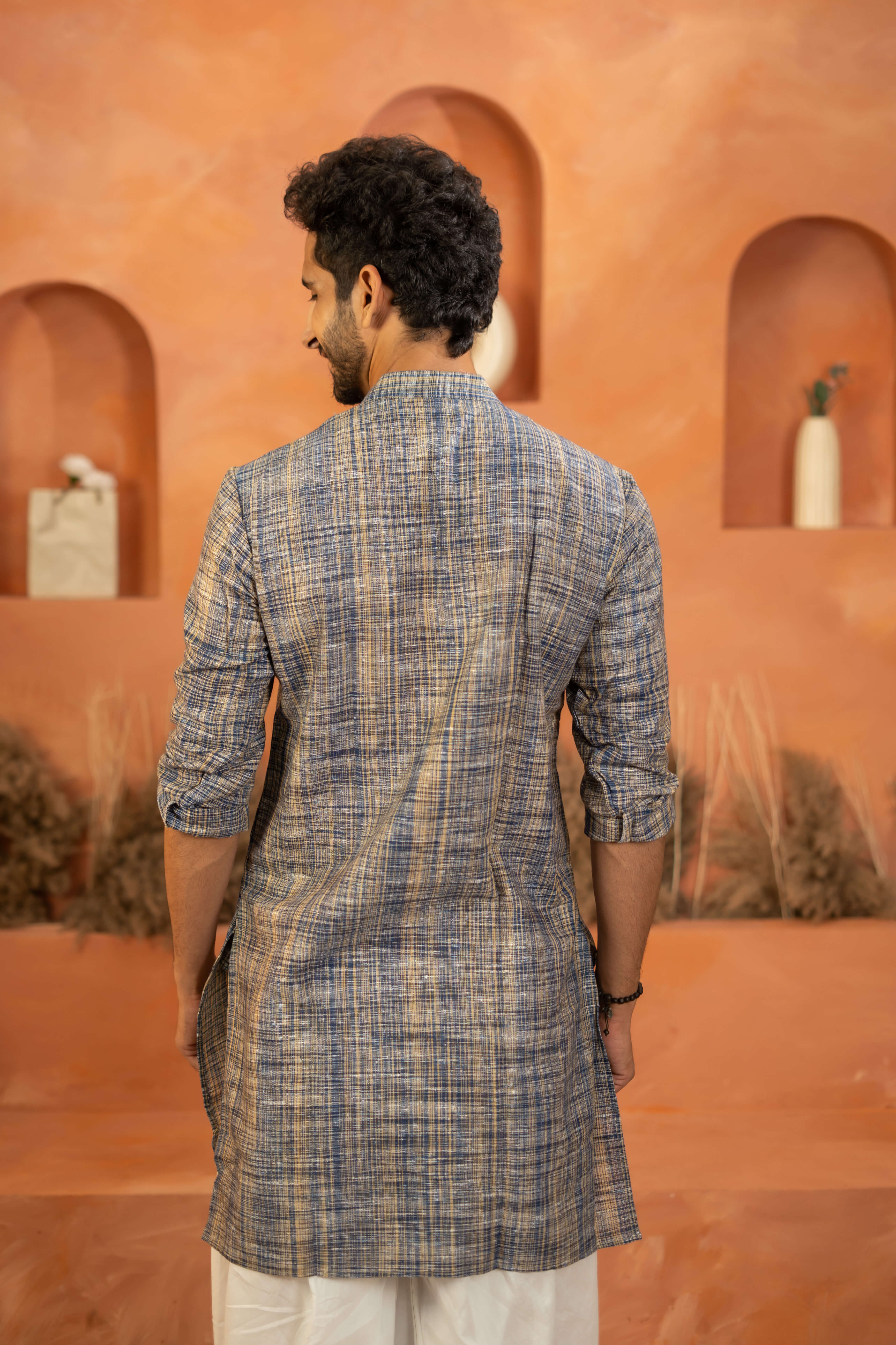 The Rustic Handwoven Long Kurta in Marble Blue and Light Brown Color