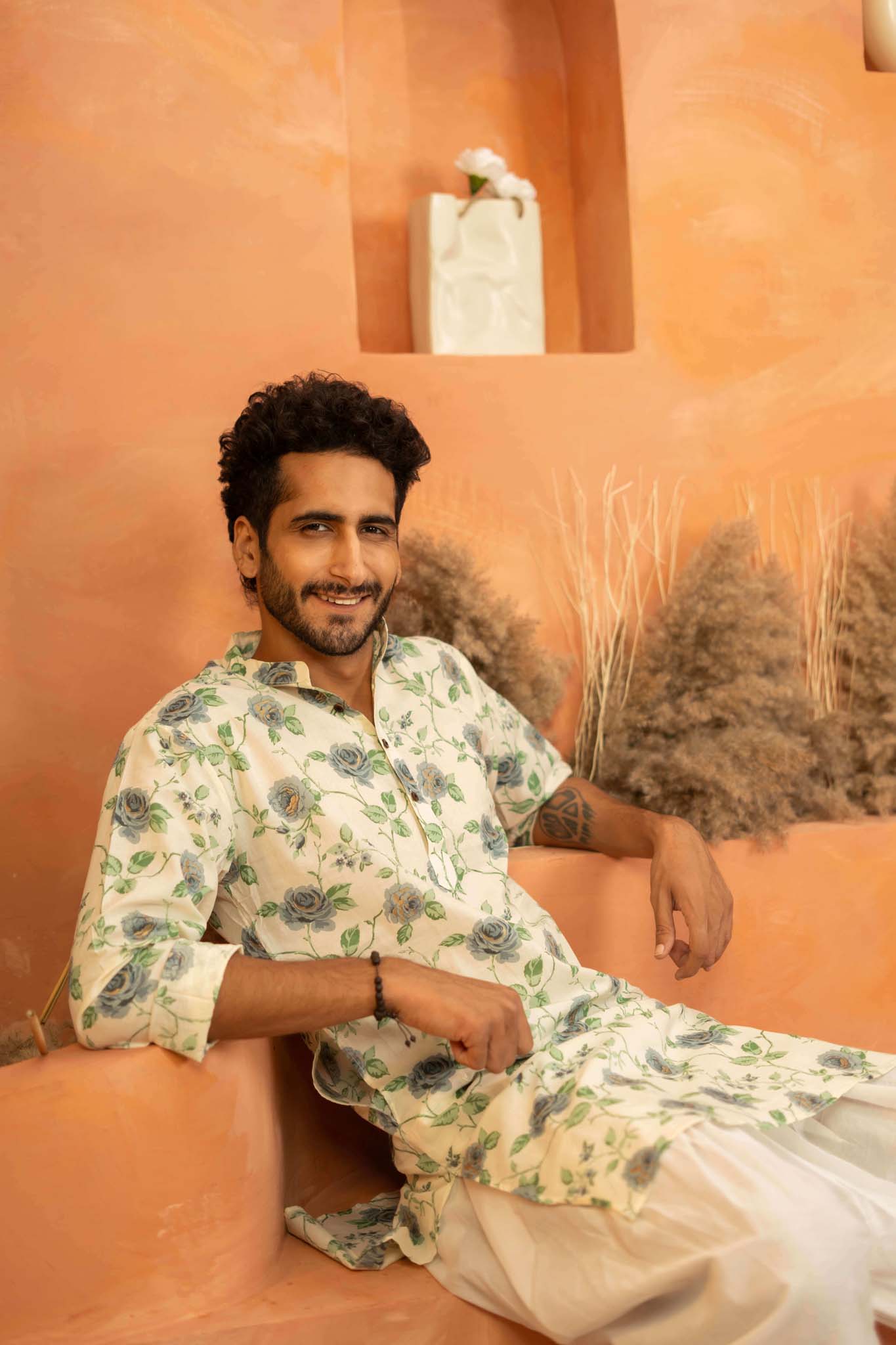 The White Long Kurta With Blue Flower And Vines Print