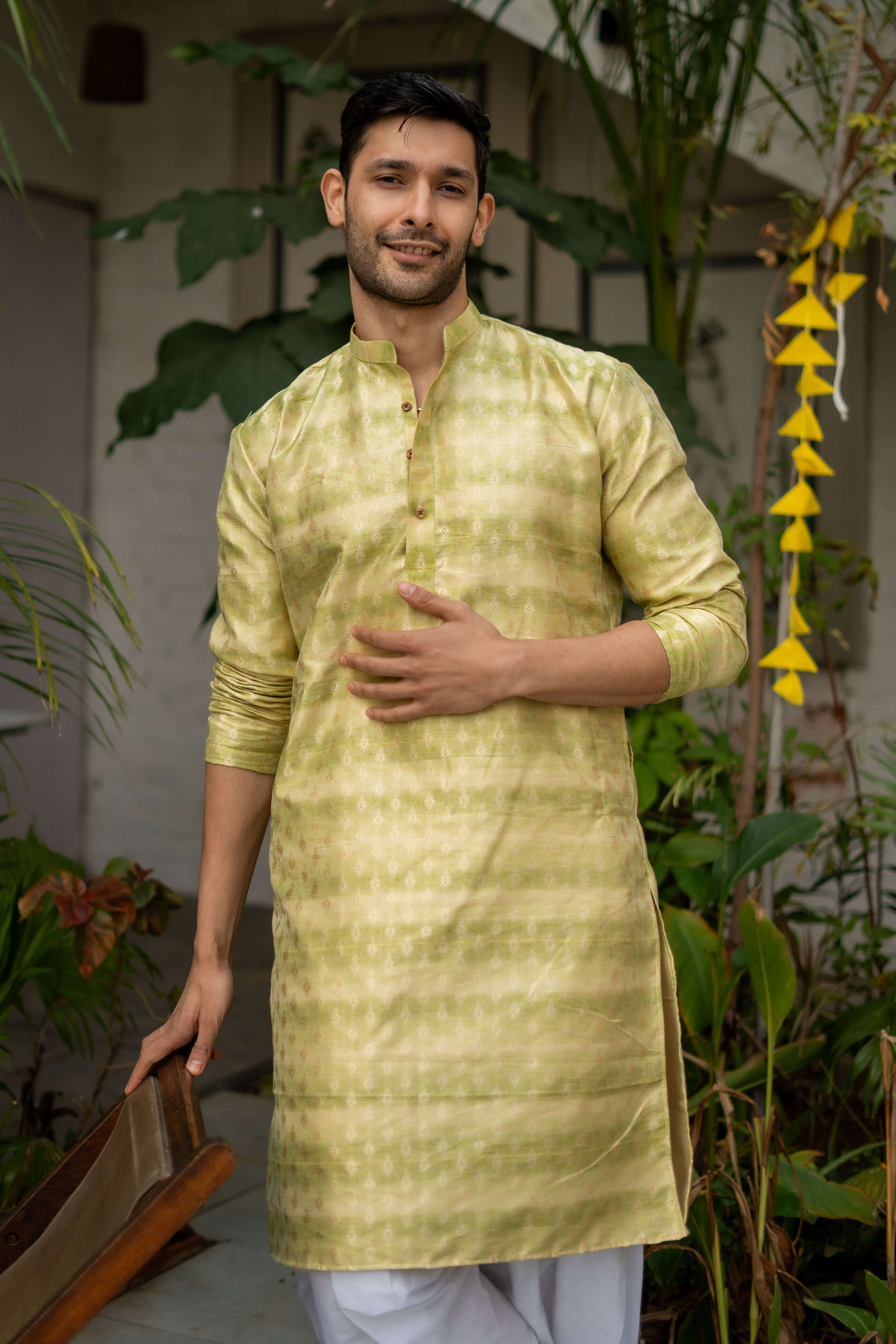 The Lime and Pear Green Long Kurta with Self Butti Work