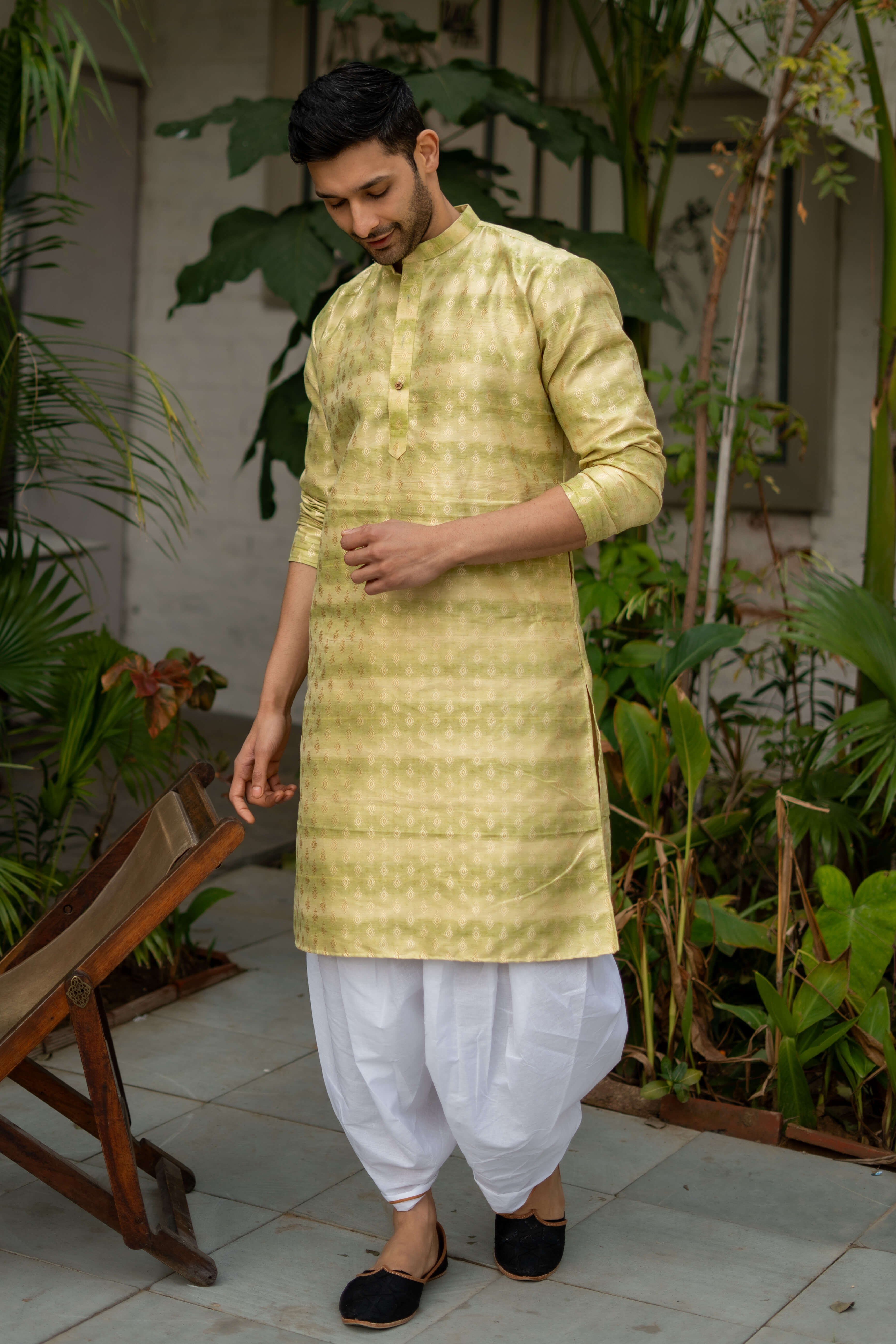 The Lime and Pear Green Long Kurta with Self Butti Work