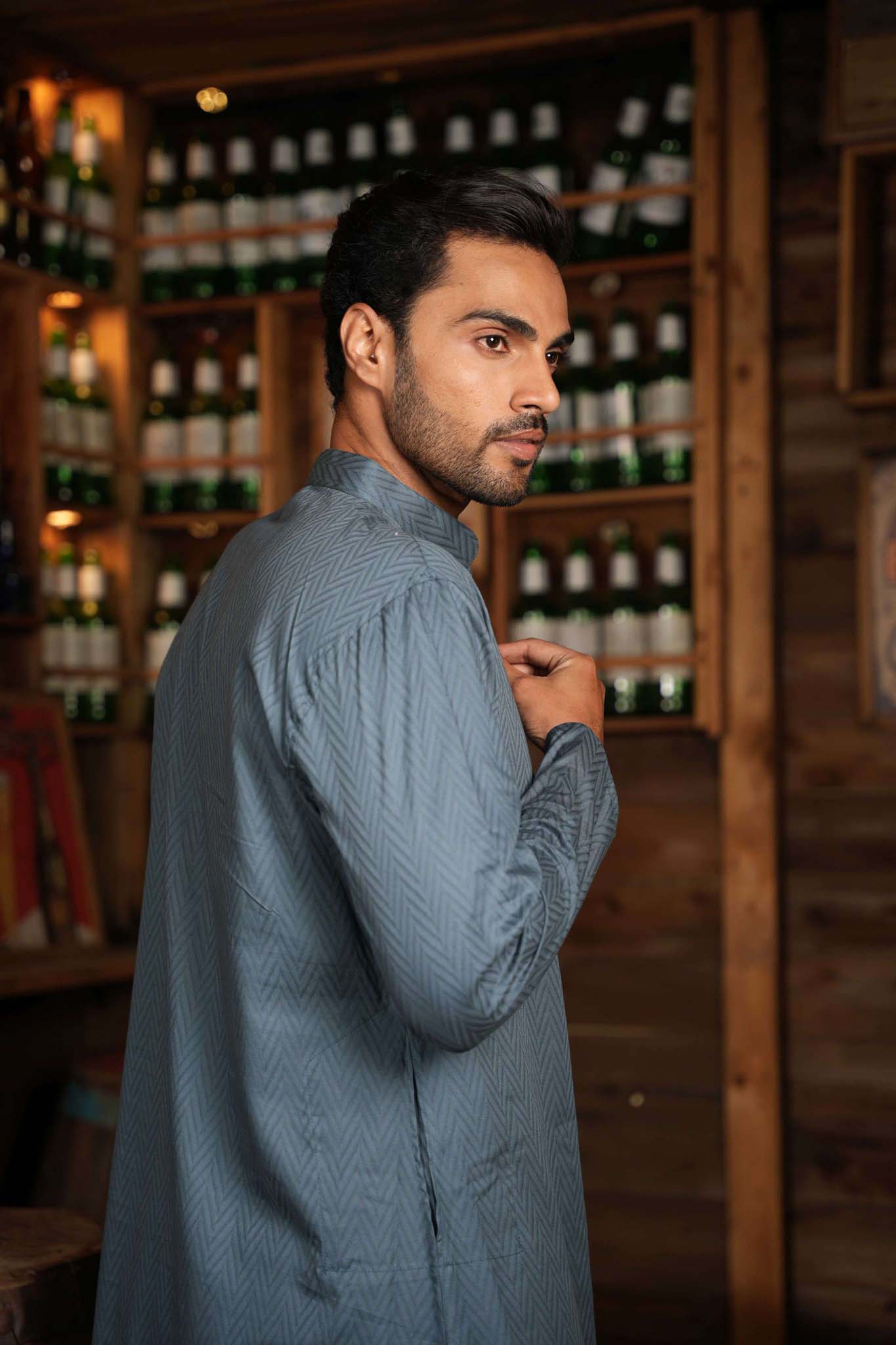 The Slate Blue Zig-Zag Long Kurta