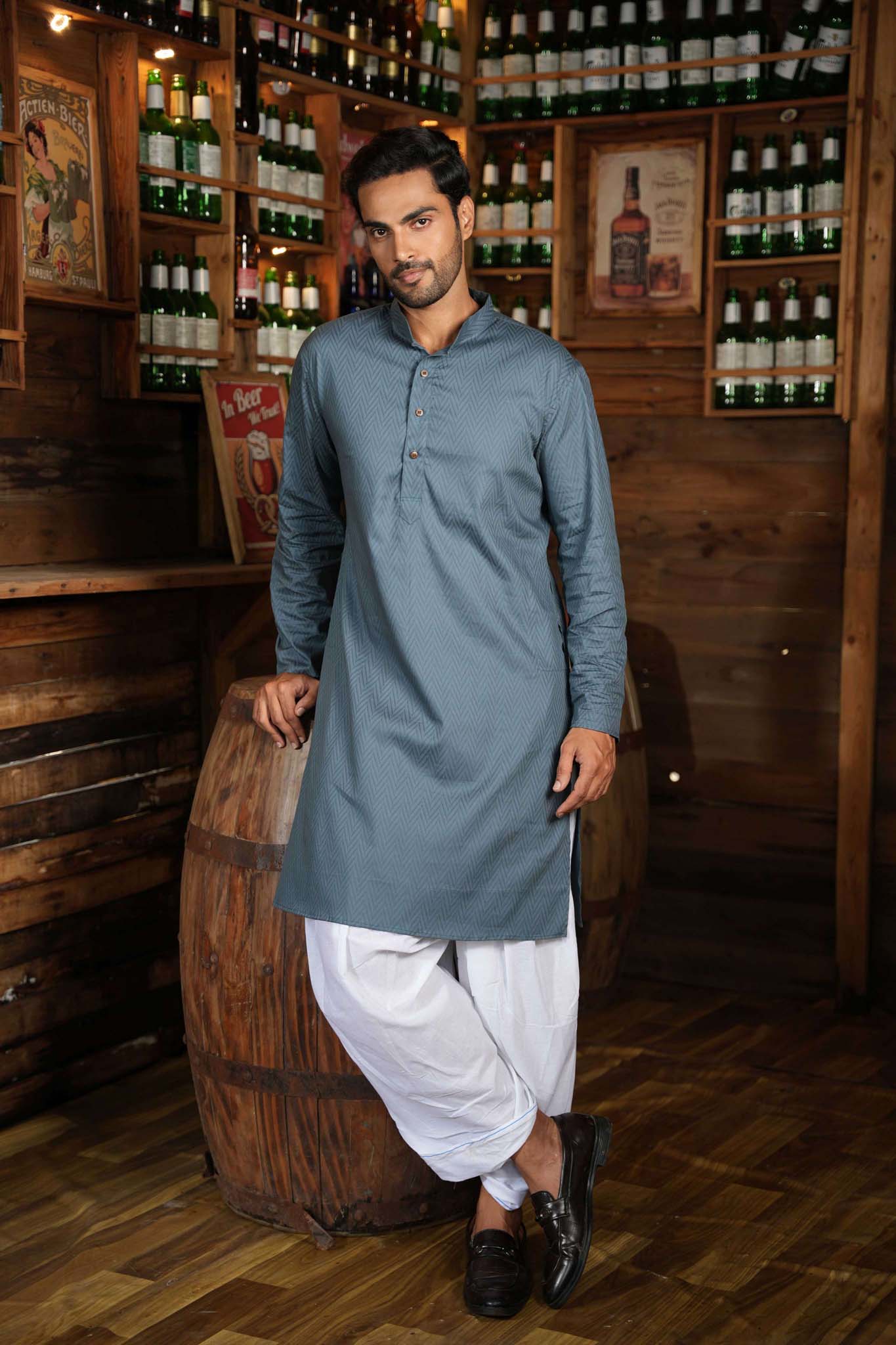 The Slate Blue Zig-Zag Long Kurta