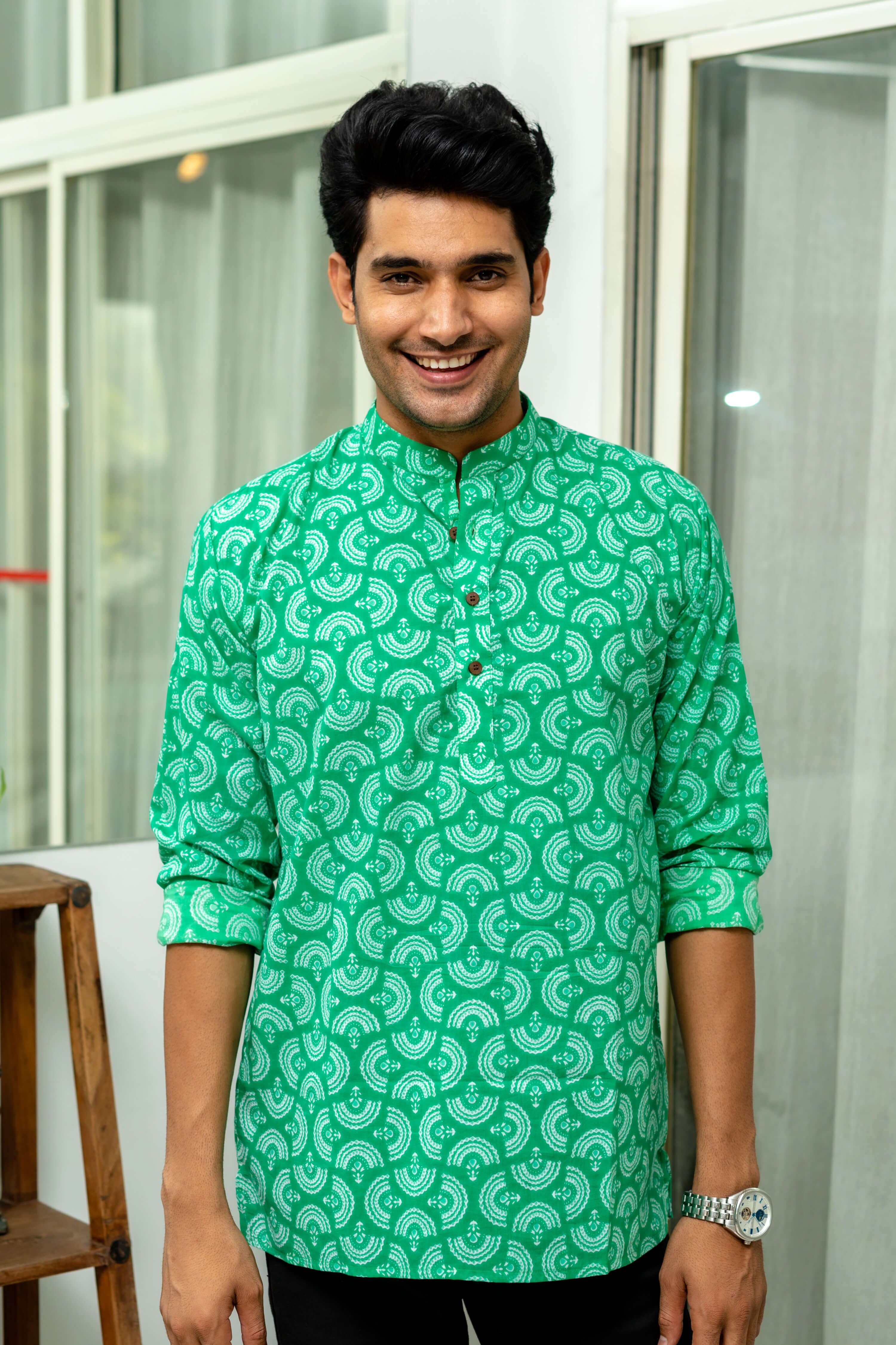The Bright Green Short Kurta With White Tribal Print