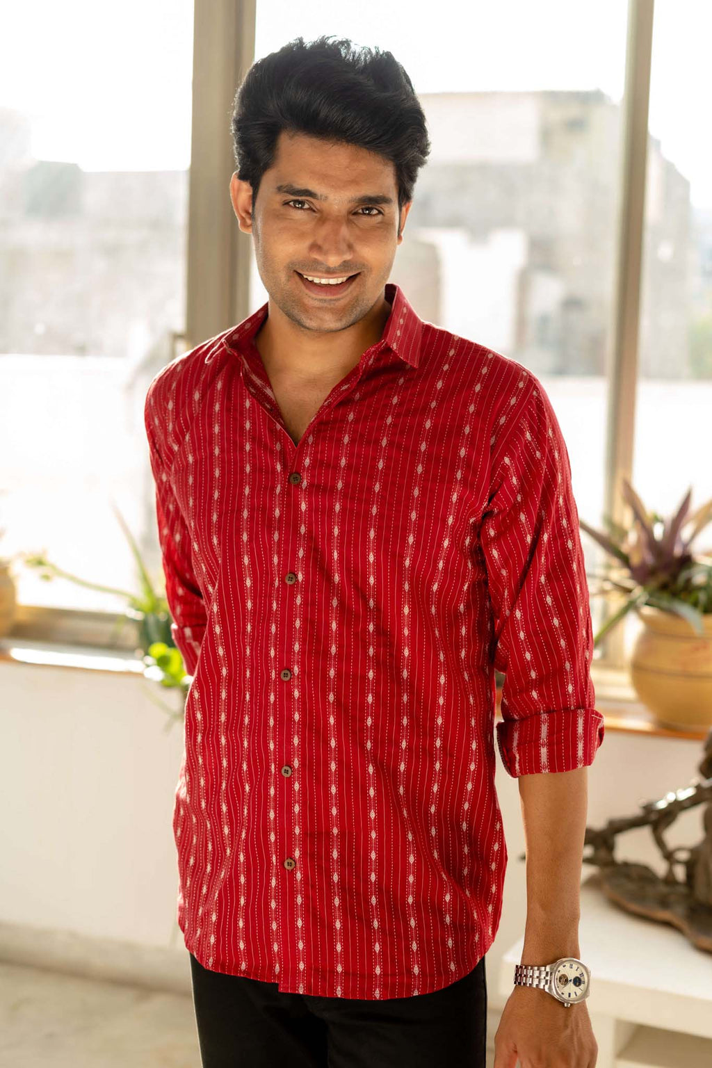 The Maroon Shirt With Striped Self Work