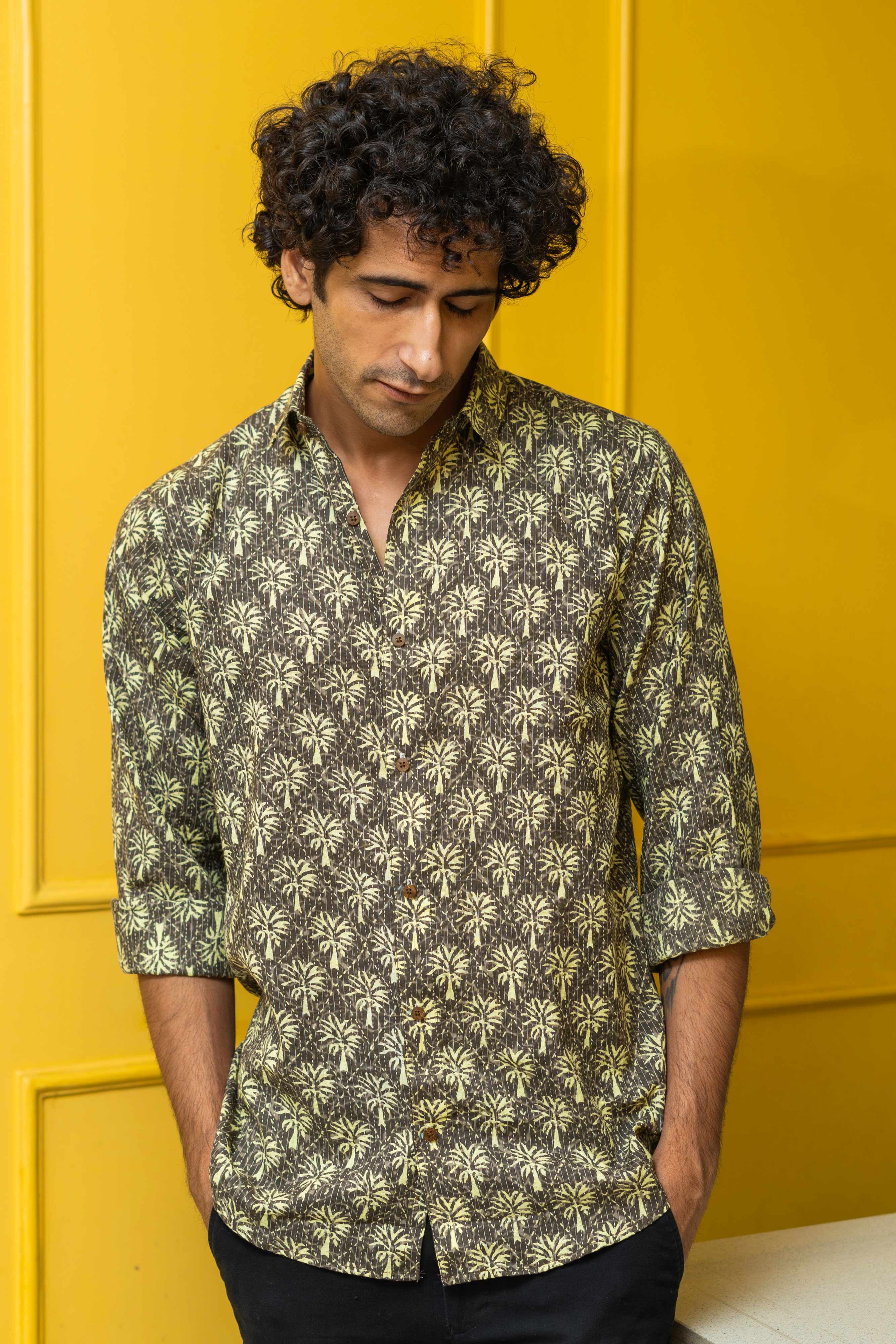 The Grey Palm Tree Print Shirt With Kantha Work