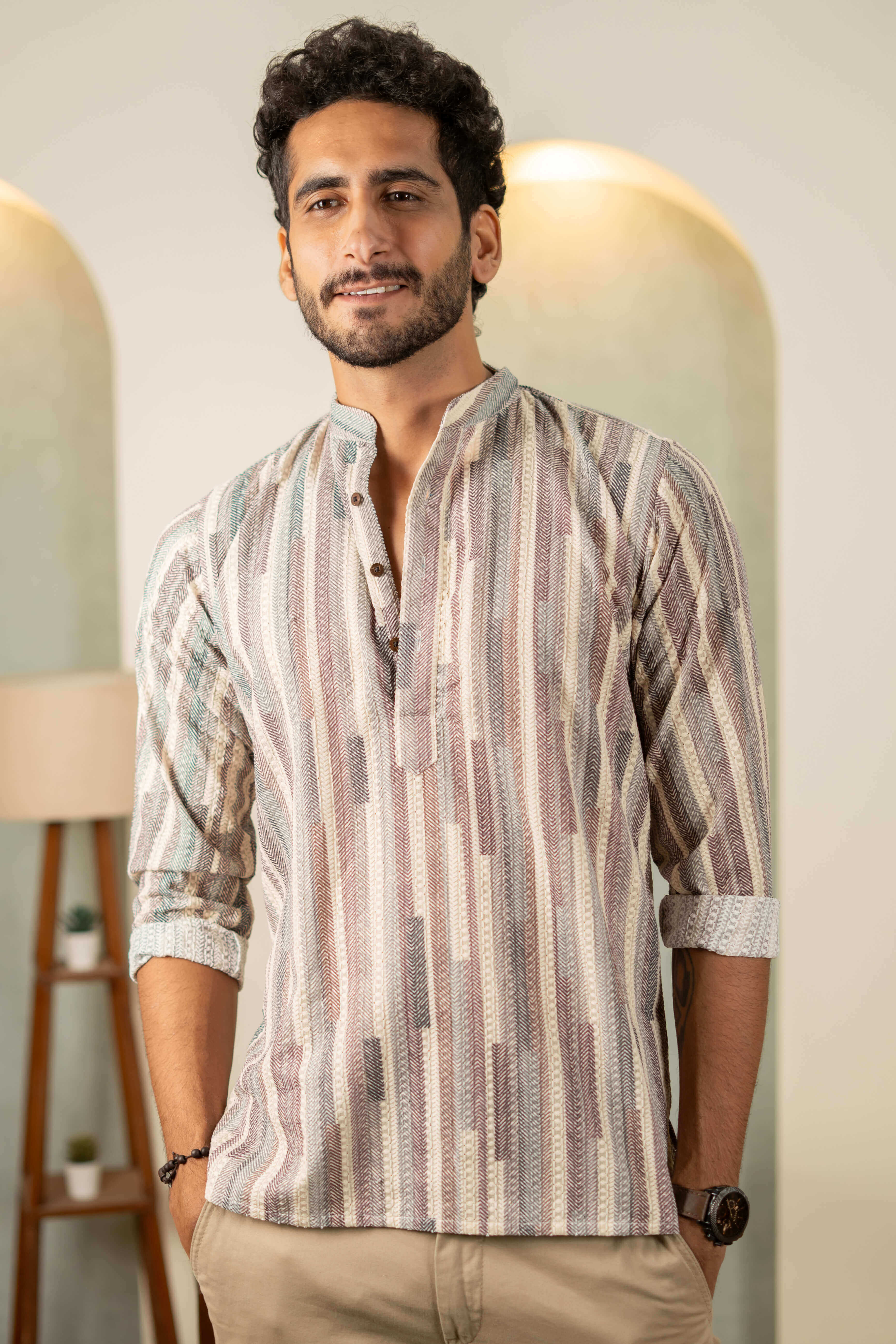 The Abstract Colorful Stripe Thread Self Work Short Kurta