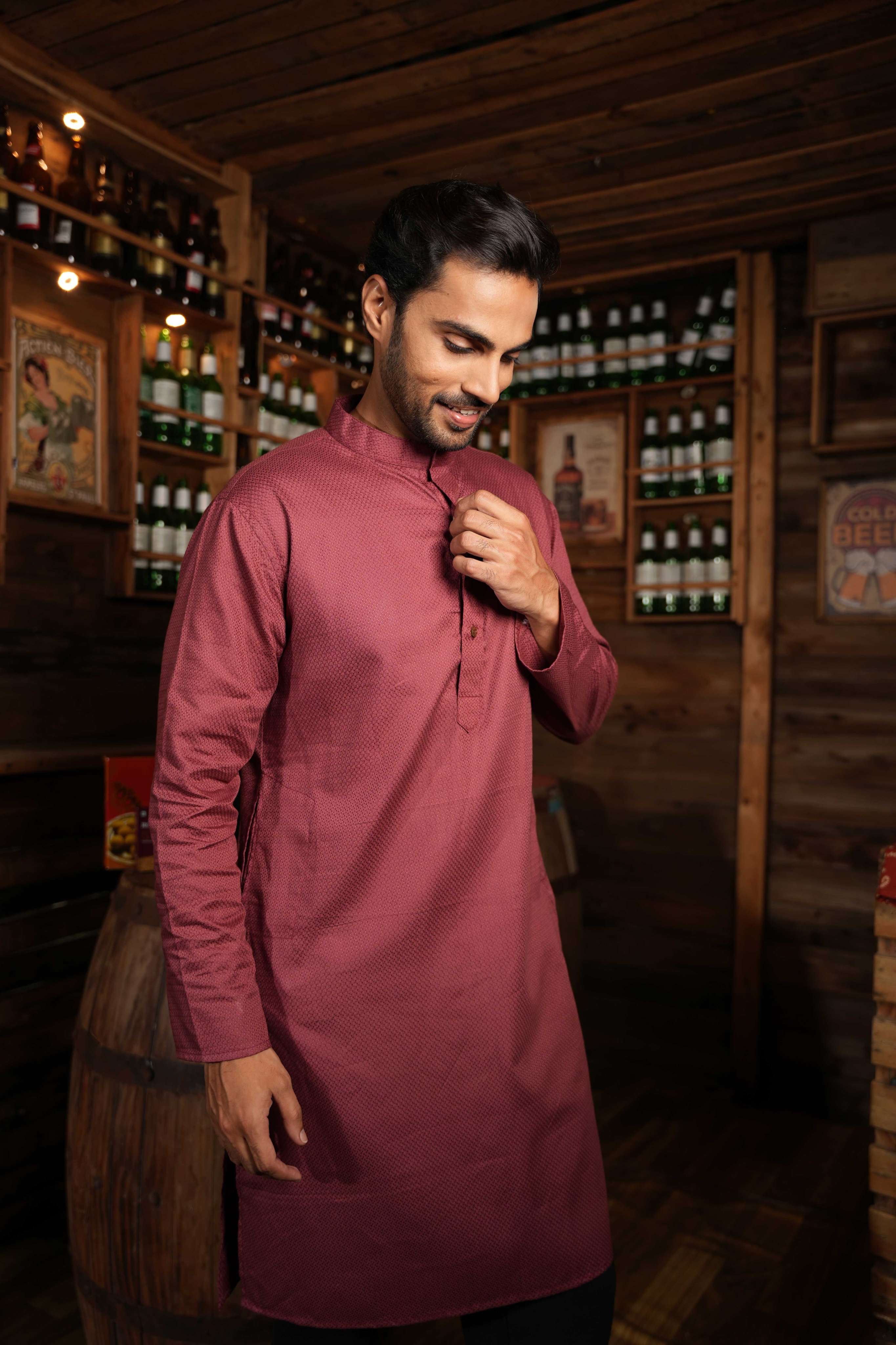 The Faded Maroon Jacquard Long Kurta