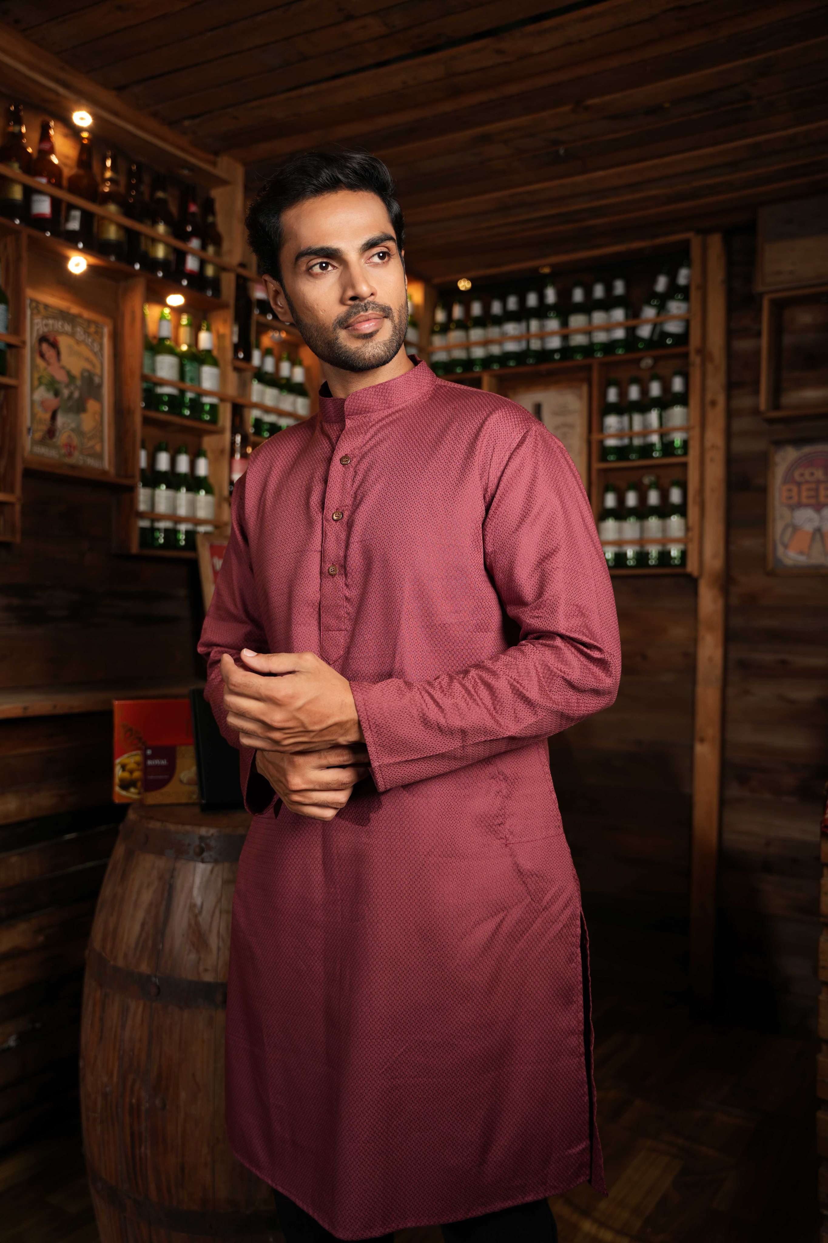 The Faded Maroon Jacquard Long Kurta