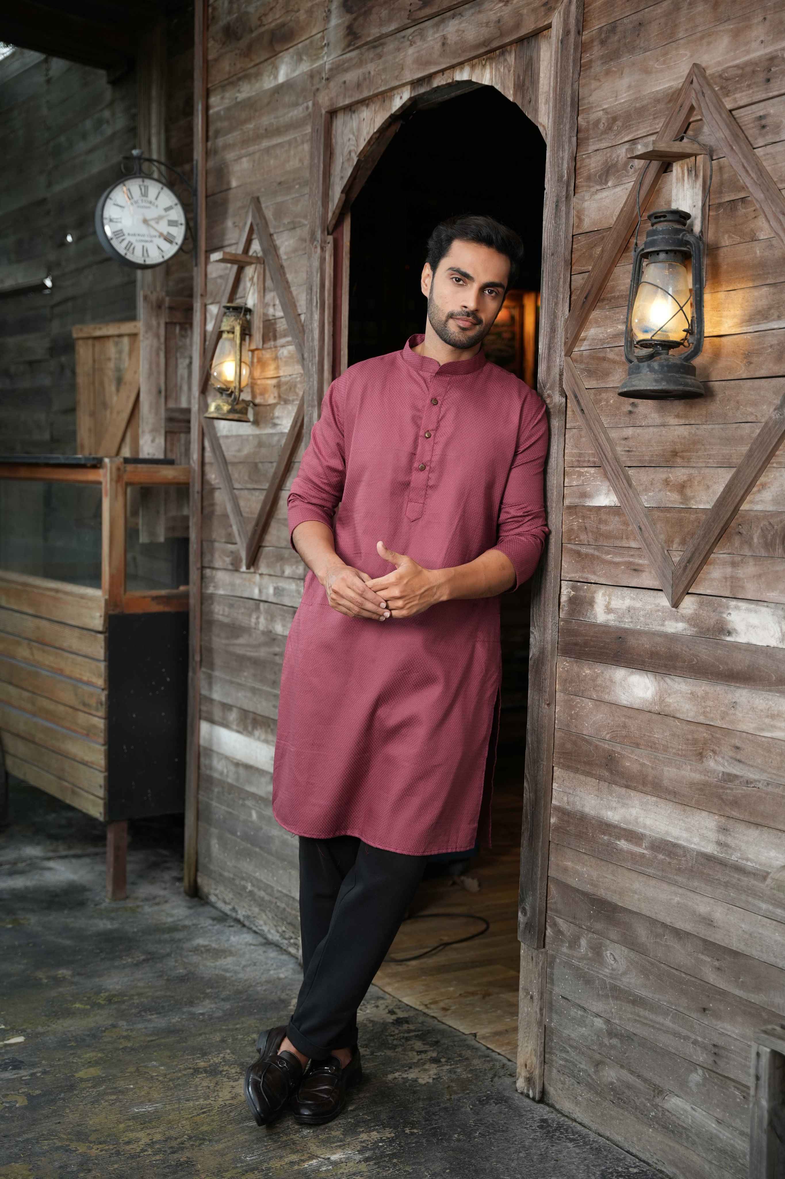 The Faded Maroon Jacquard Long Kurta