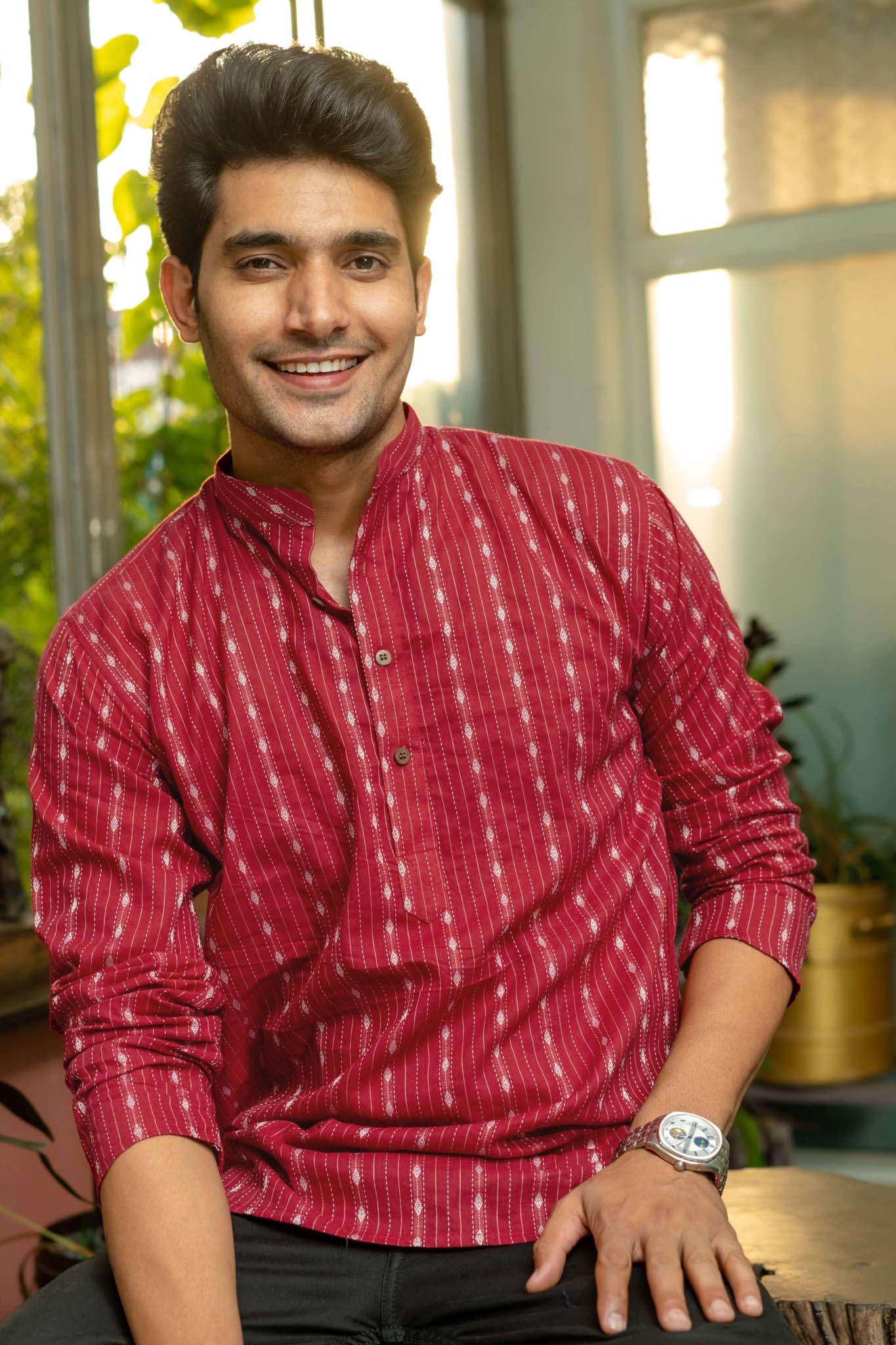 The Maroon Short Kurta With Striped Self Work