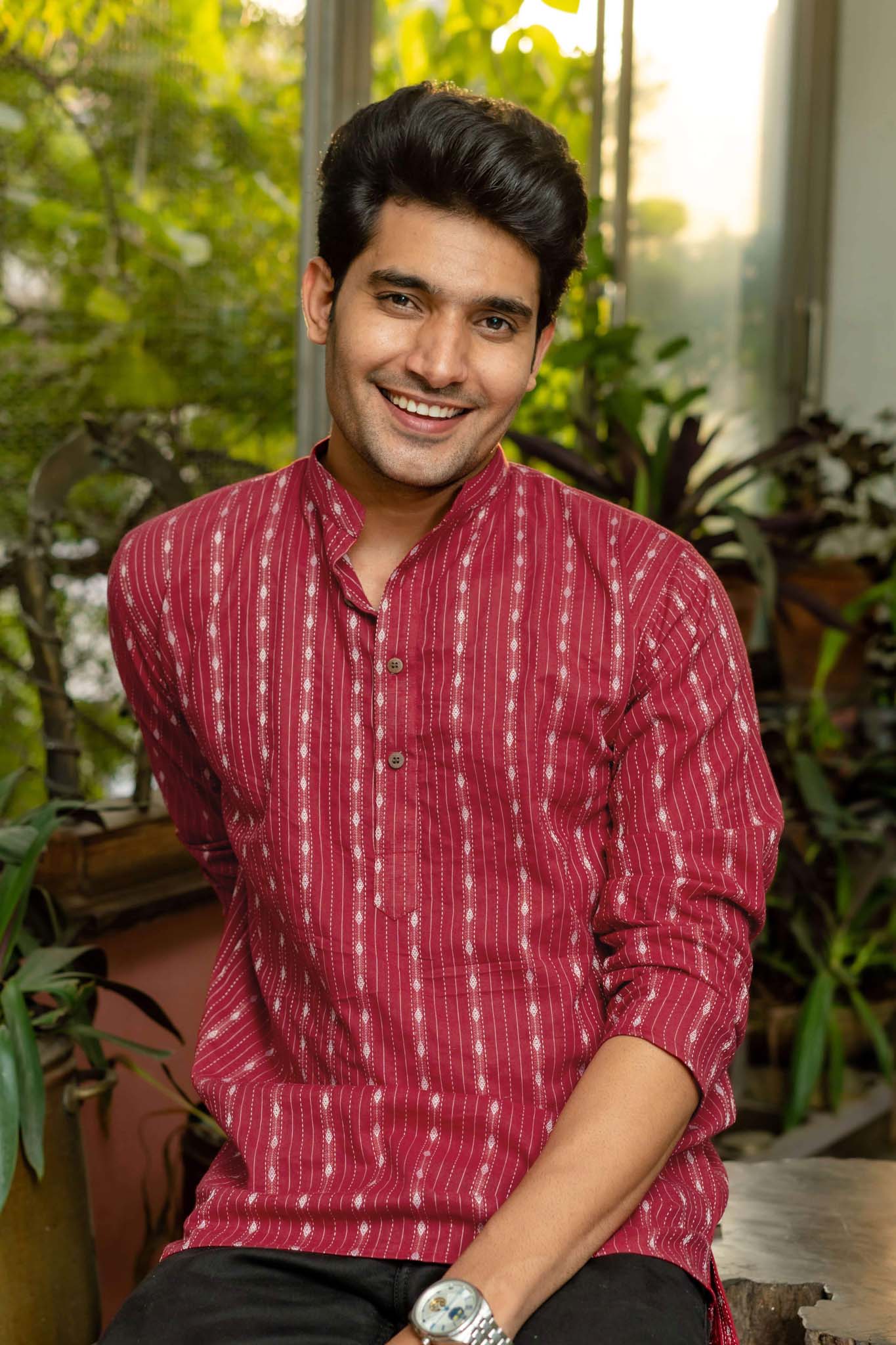 The Maroon Short Kurta With Striped Self Work