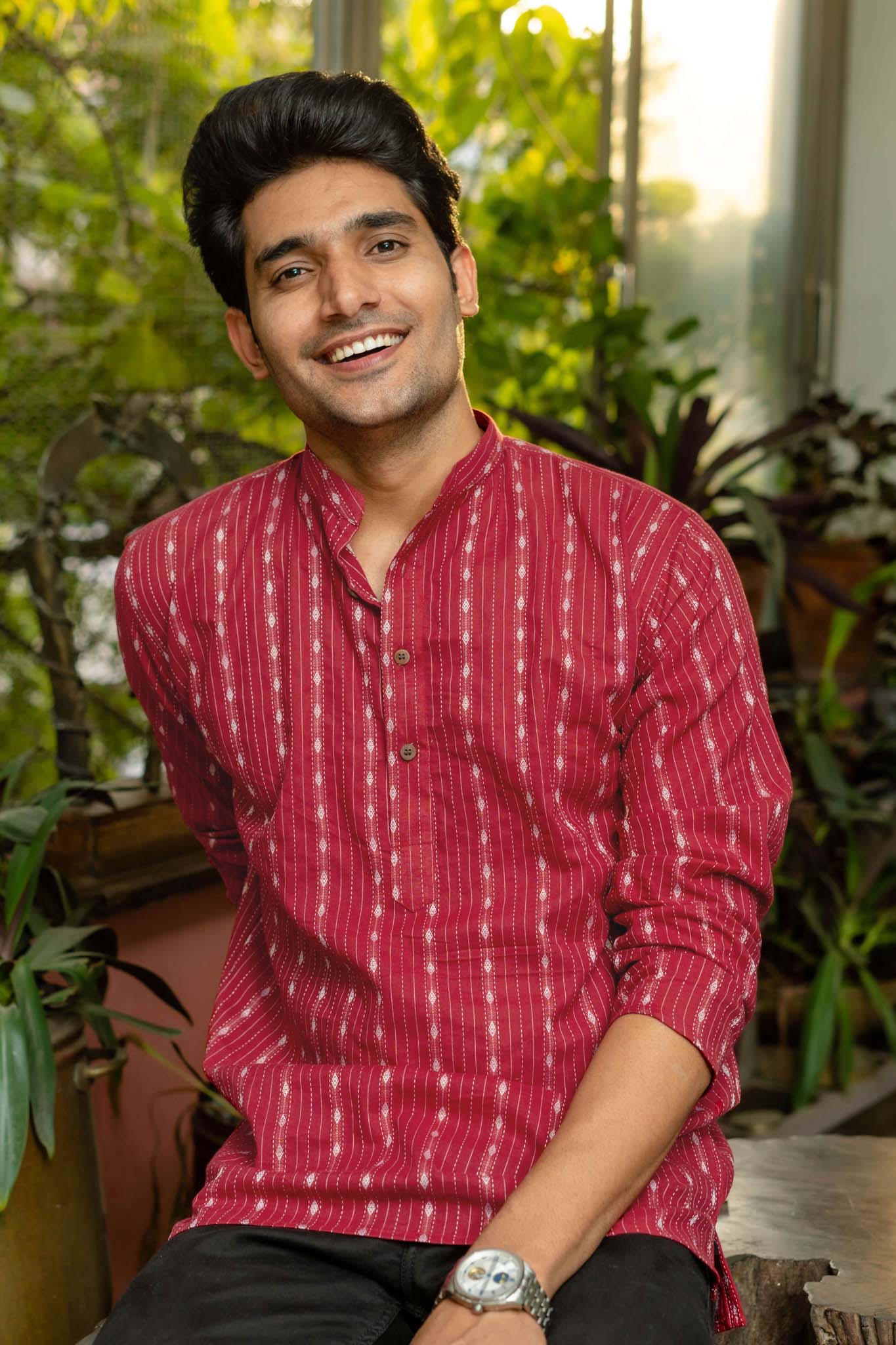 The Maroon Short Kurta With Striped Self Work
