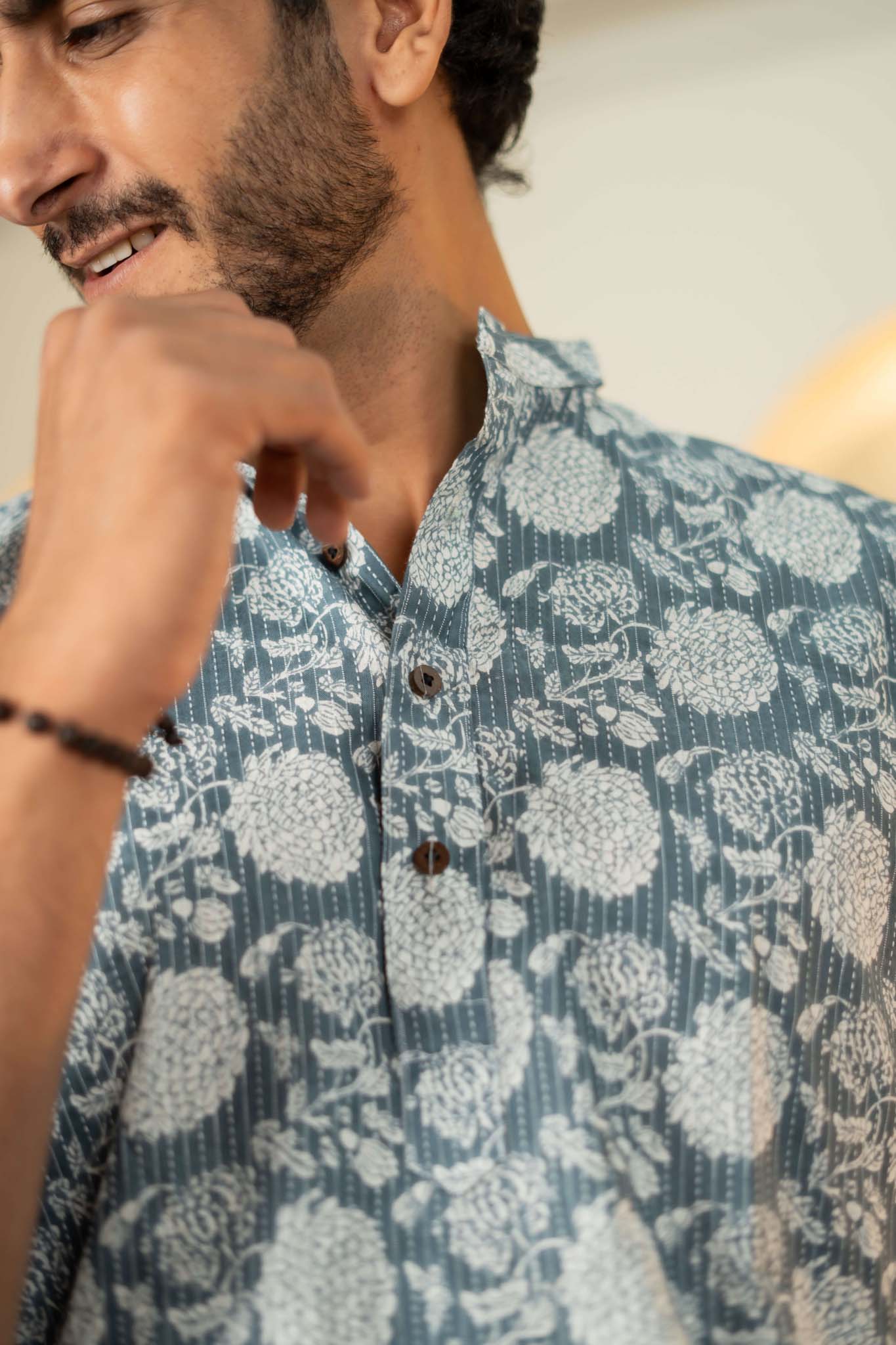 The Ice Blue Kantha Work Short Kurta With Flower Print