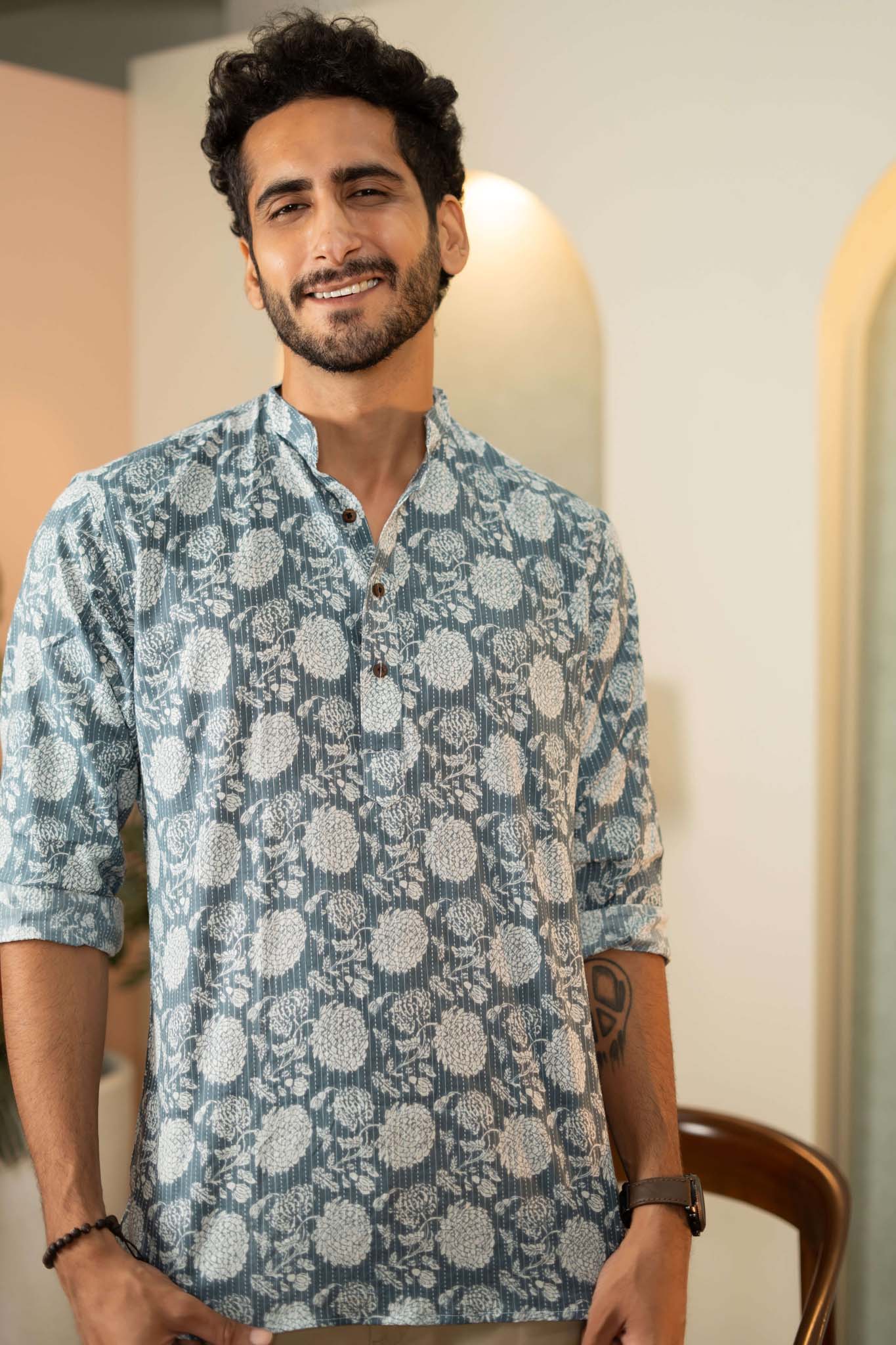 The Ice Blue Kantha Work Short Kurta With Flower Print