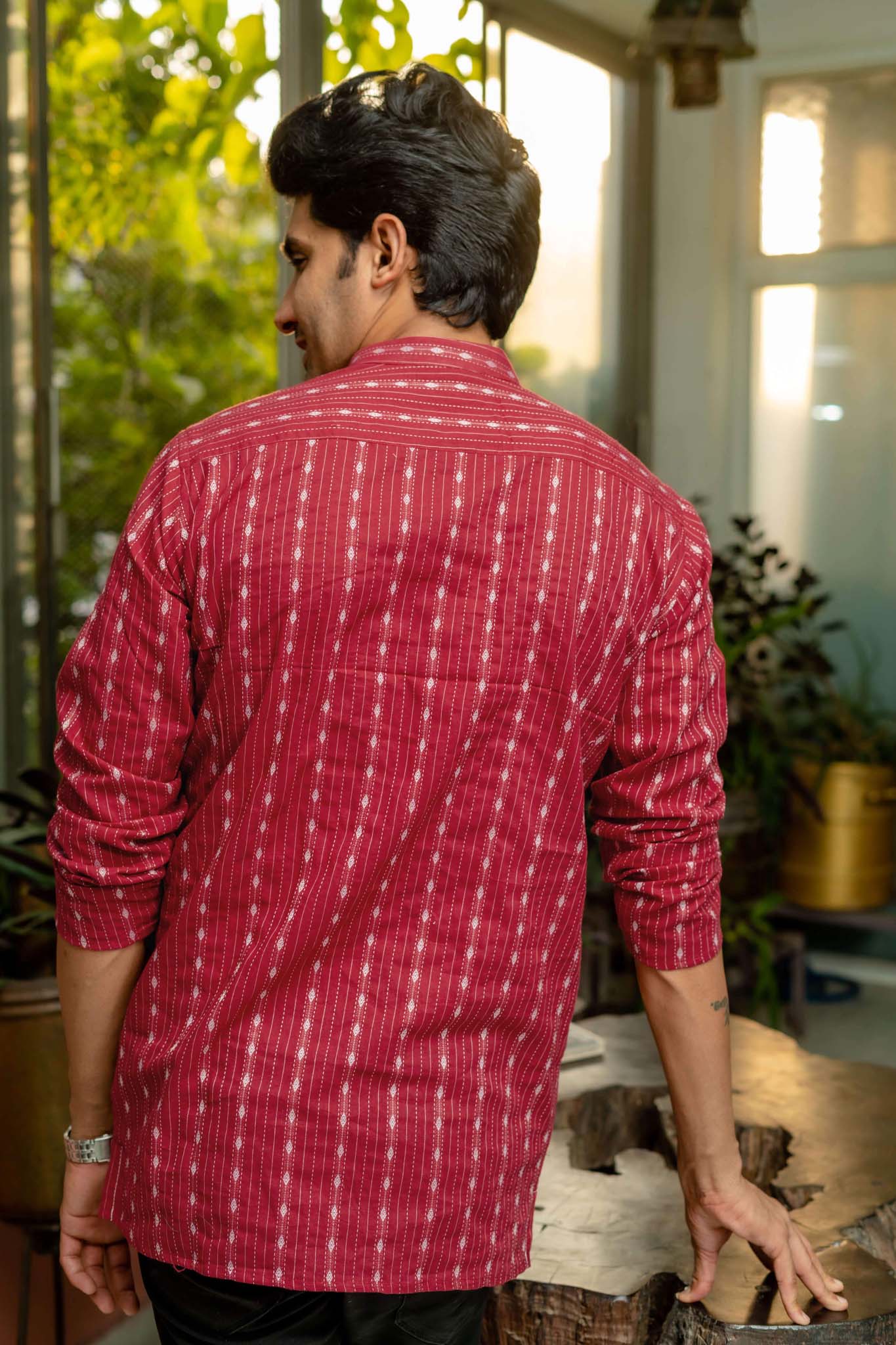 The Maroon Short Kurta With Striped Self Work