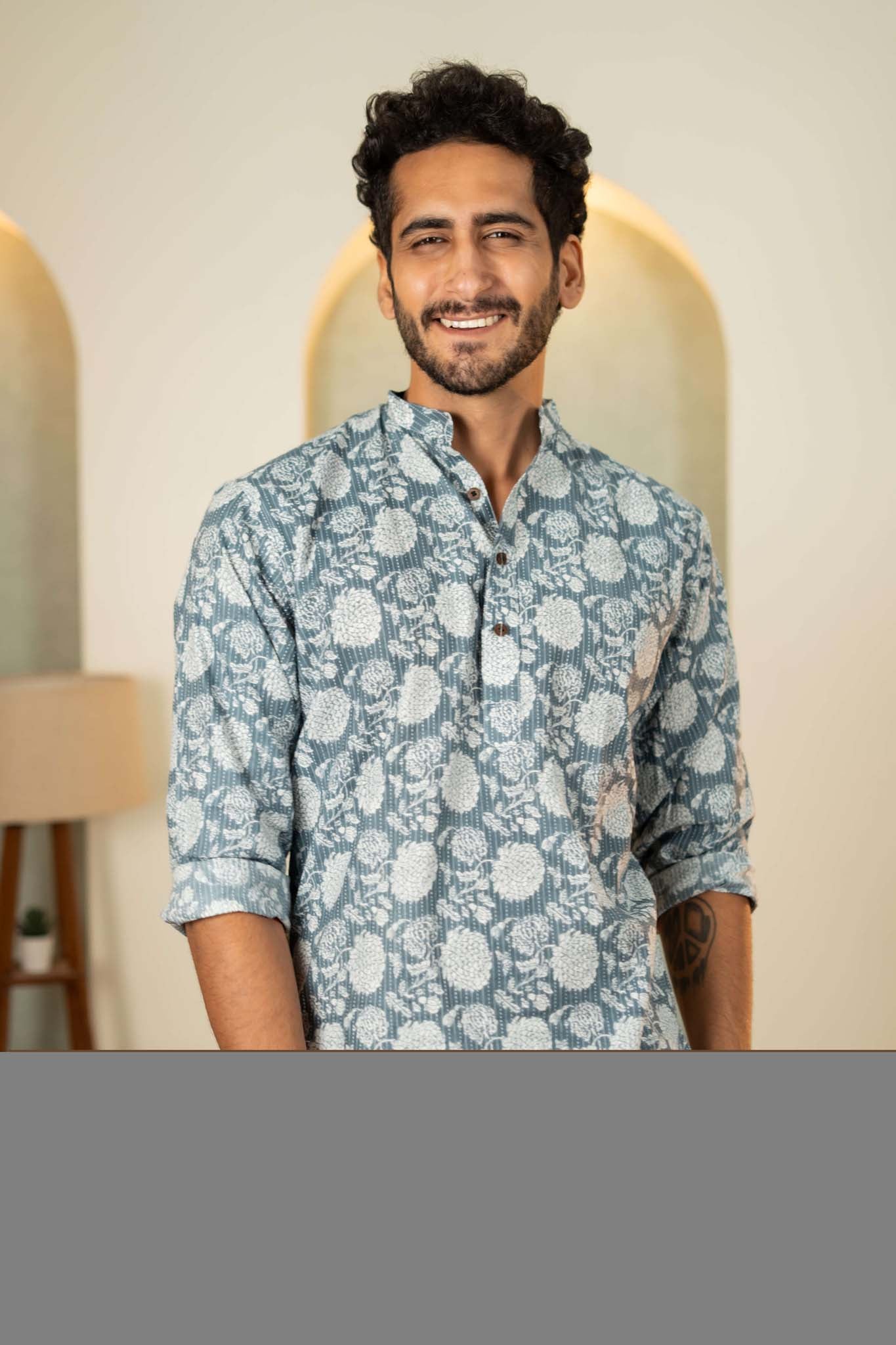 The Ice Blue Kantha Work Short Kurta With Flower Print