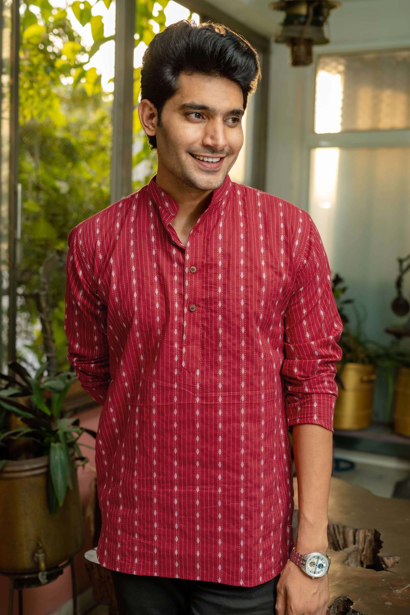The Maroon Short Kurta With Striped Self Work