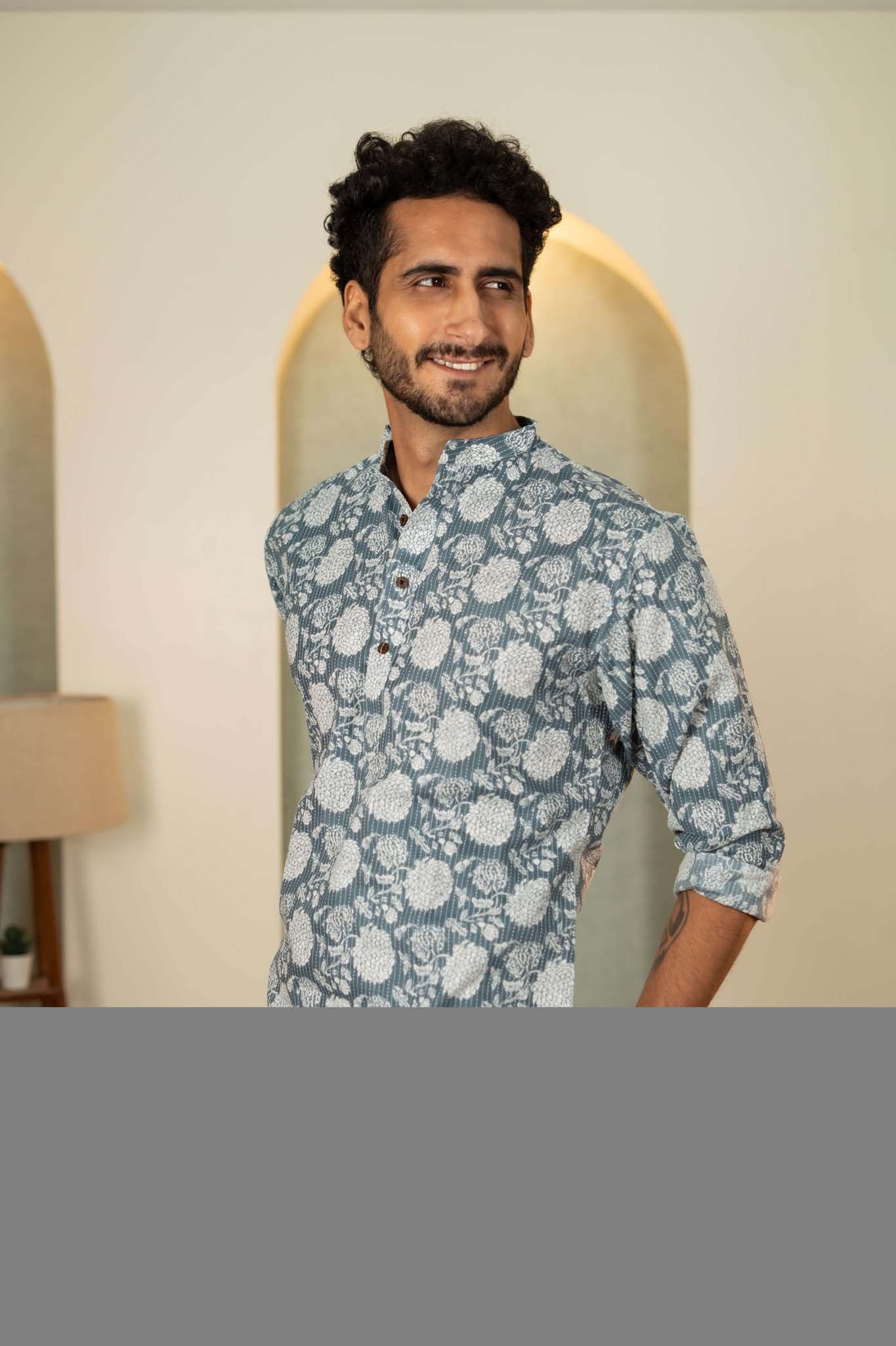 The Ice Blue Kantha Work Short Kurta With Flower Print