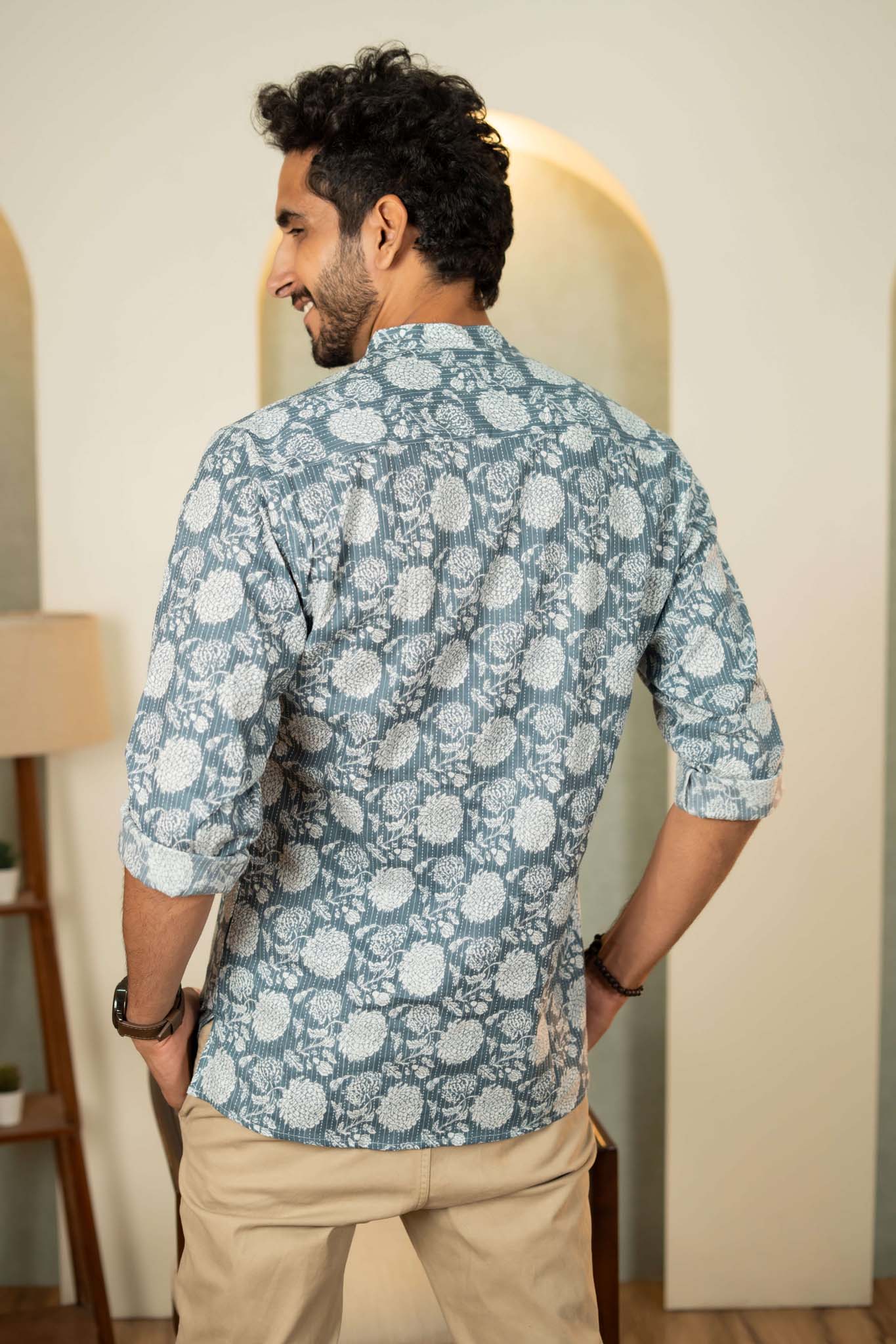 The Ice Blue Kantha Work Short Kurta With Flower Print
