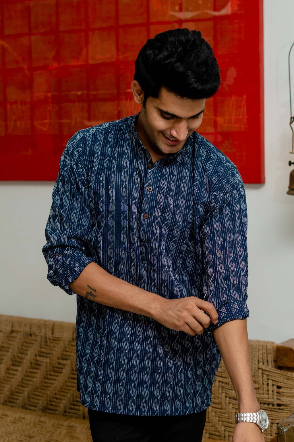 The Navy Blue Short Kurta With Striped Self Work