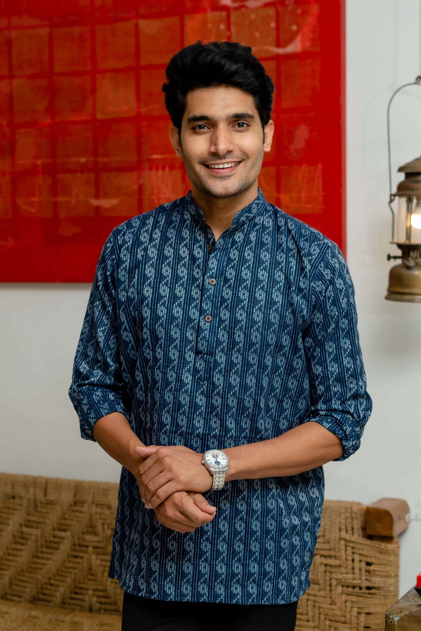 The Navy Blue Short Kurta With Striped Self Work