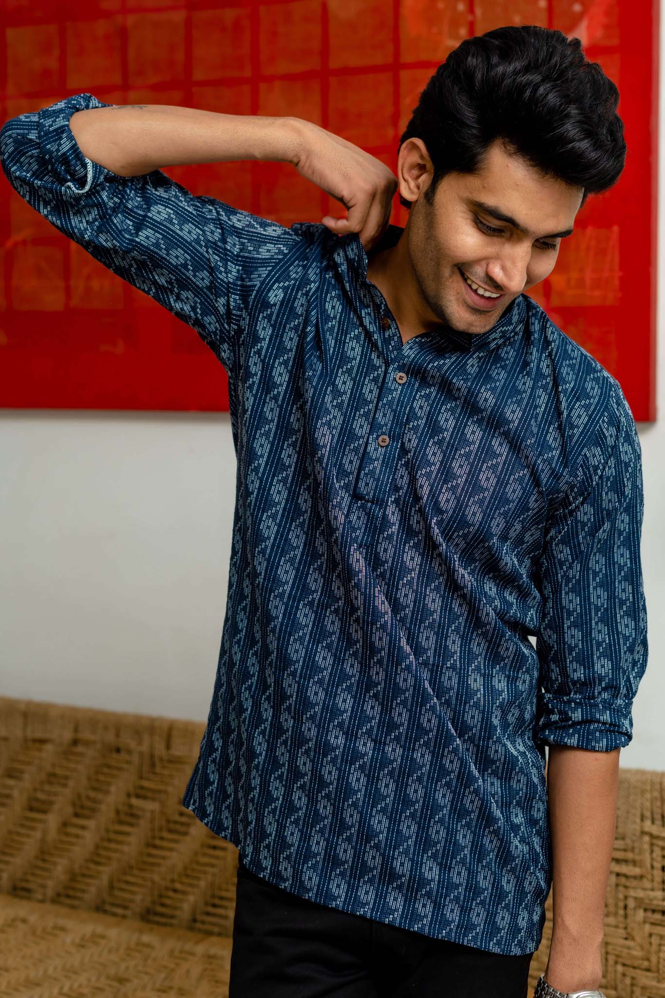 The Navy Blue Short Kurta With Striped Self Work