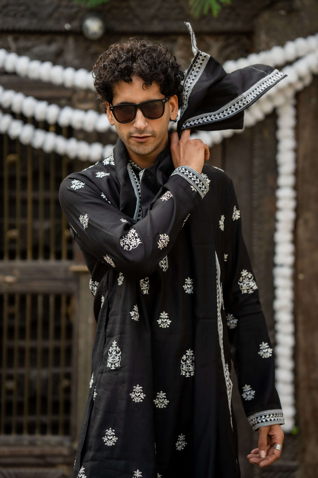 The Black Long Kurta With White Embroidery and Sequins Work With Dupatta and Pajama