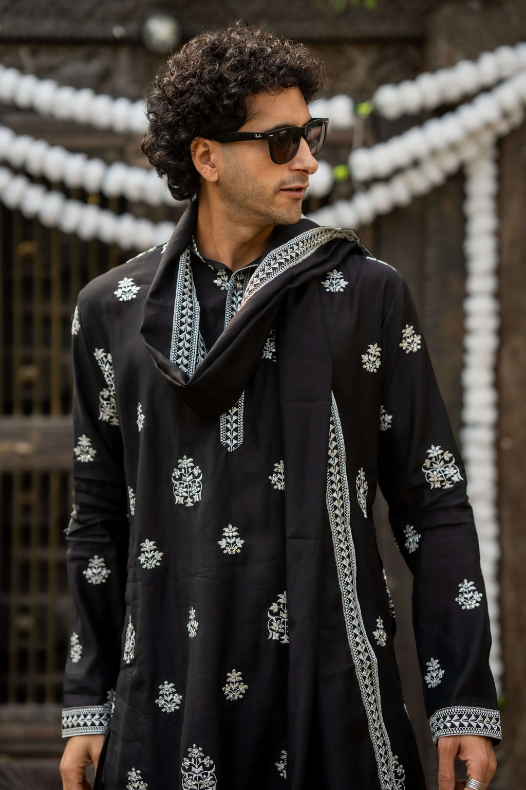 The Black Long Kurta With White Embroidery and Sequins Work With Dupatta and Pajama