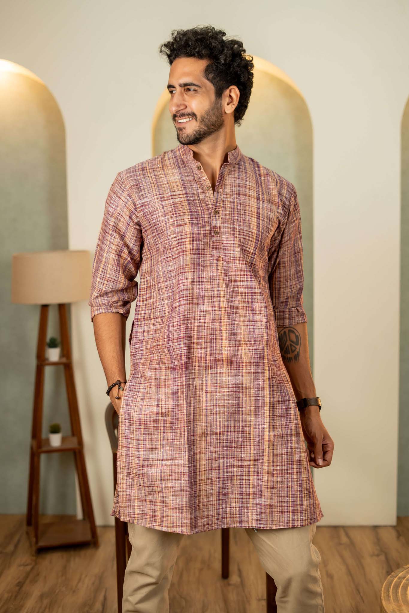 The Rustic Handwoven Long Kurta in Reddish Grey and Light Brown Color