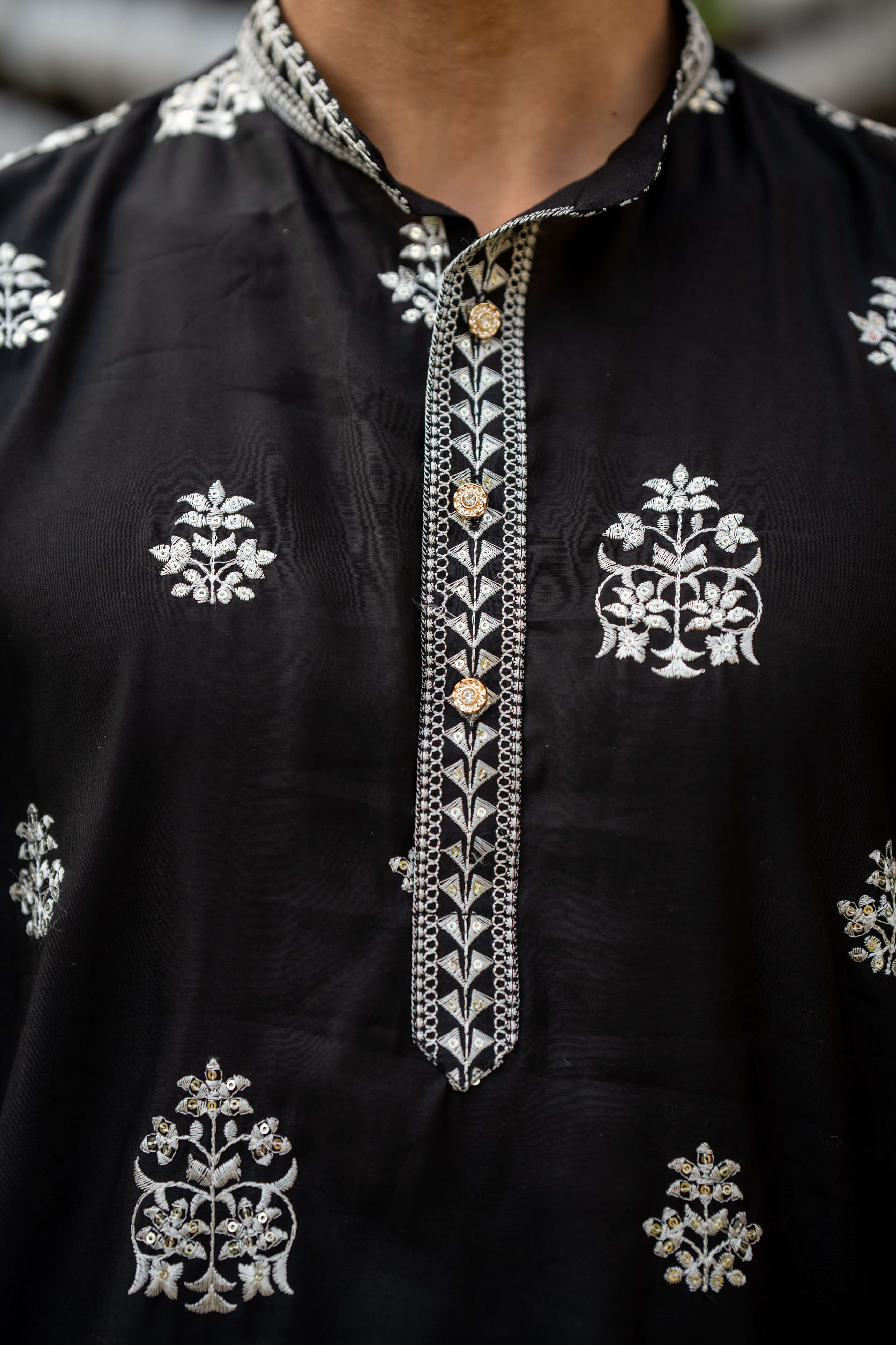 The Black Long Kurta With White Embroidery and Sequins Work With Dupatta and Pajama