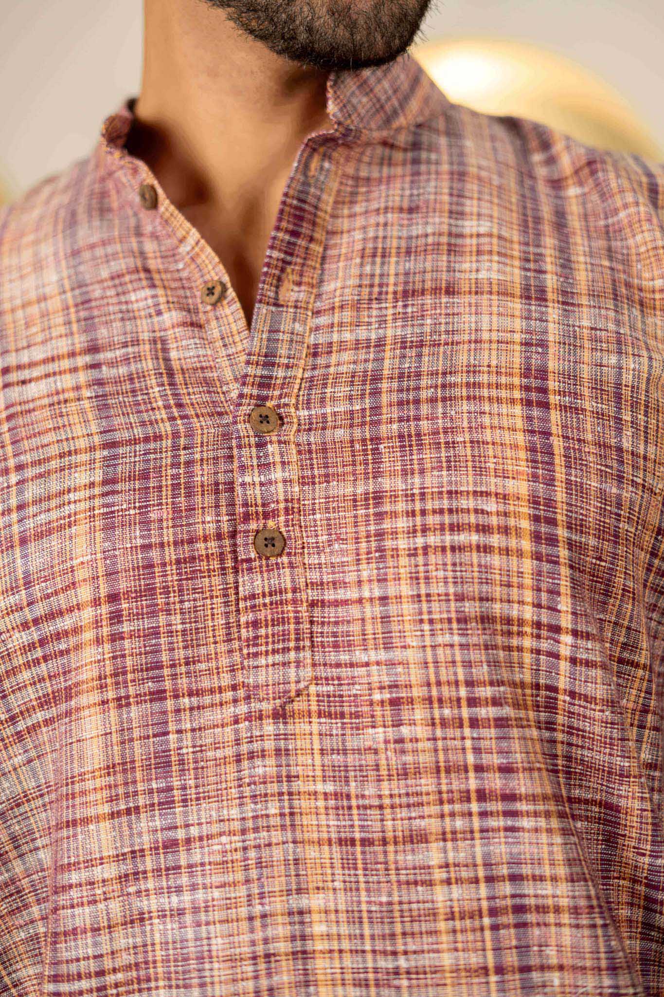 The Rustic Handwoven Long Kurta in Reddish Grey and Light Brown Color