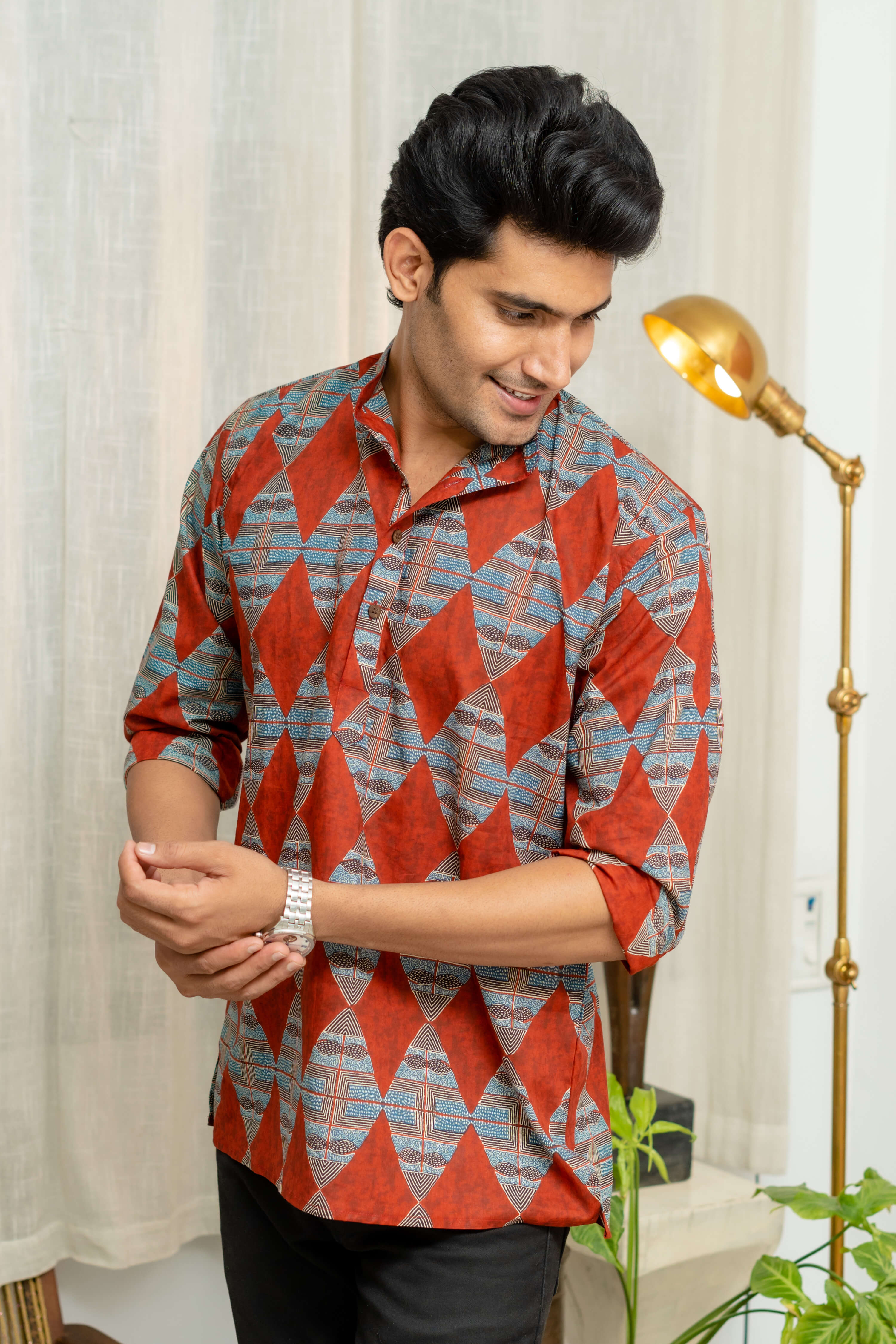 The Diamond Shaped Tribal Print Short Kurta In Brick Color