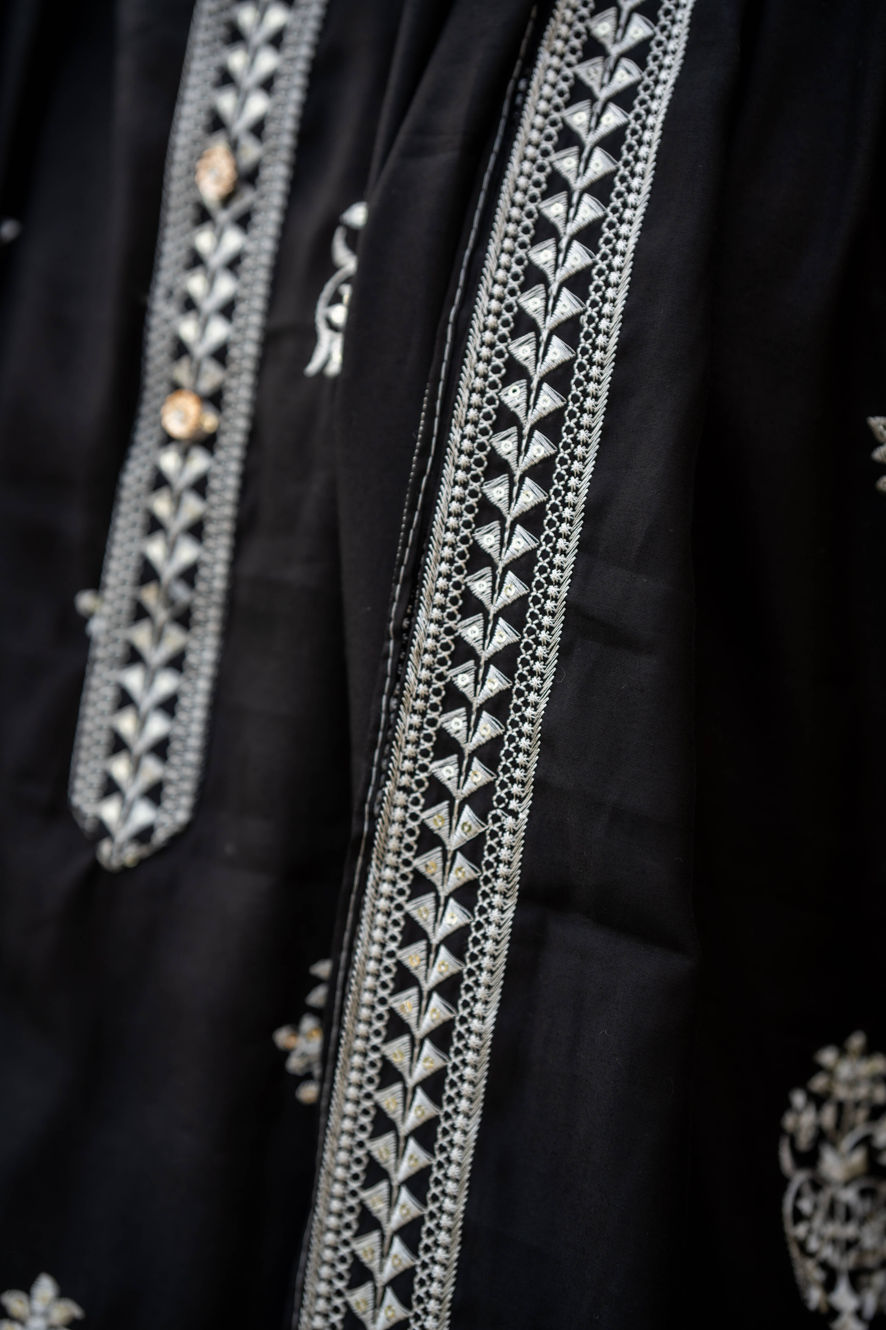 The Black Long Kurta With White Embroidery and Sequins Work With Dupatta and Pajama