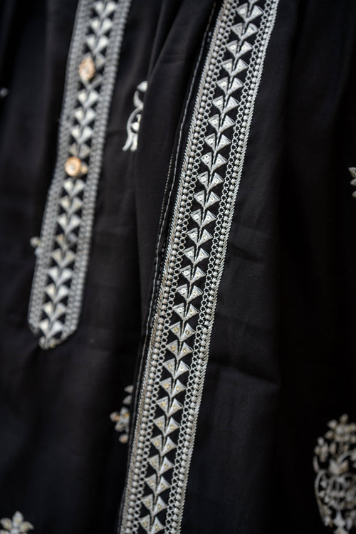 The Black Long Kurta With White Embroidery and Sequins Work With Dupatta and Pajama