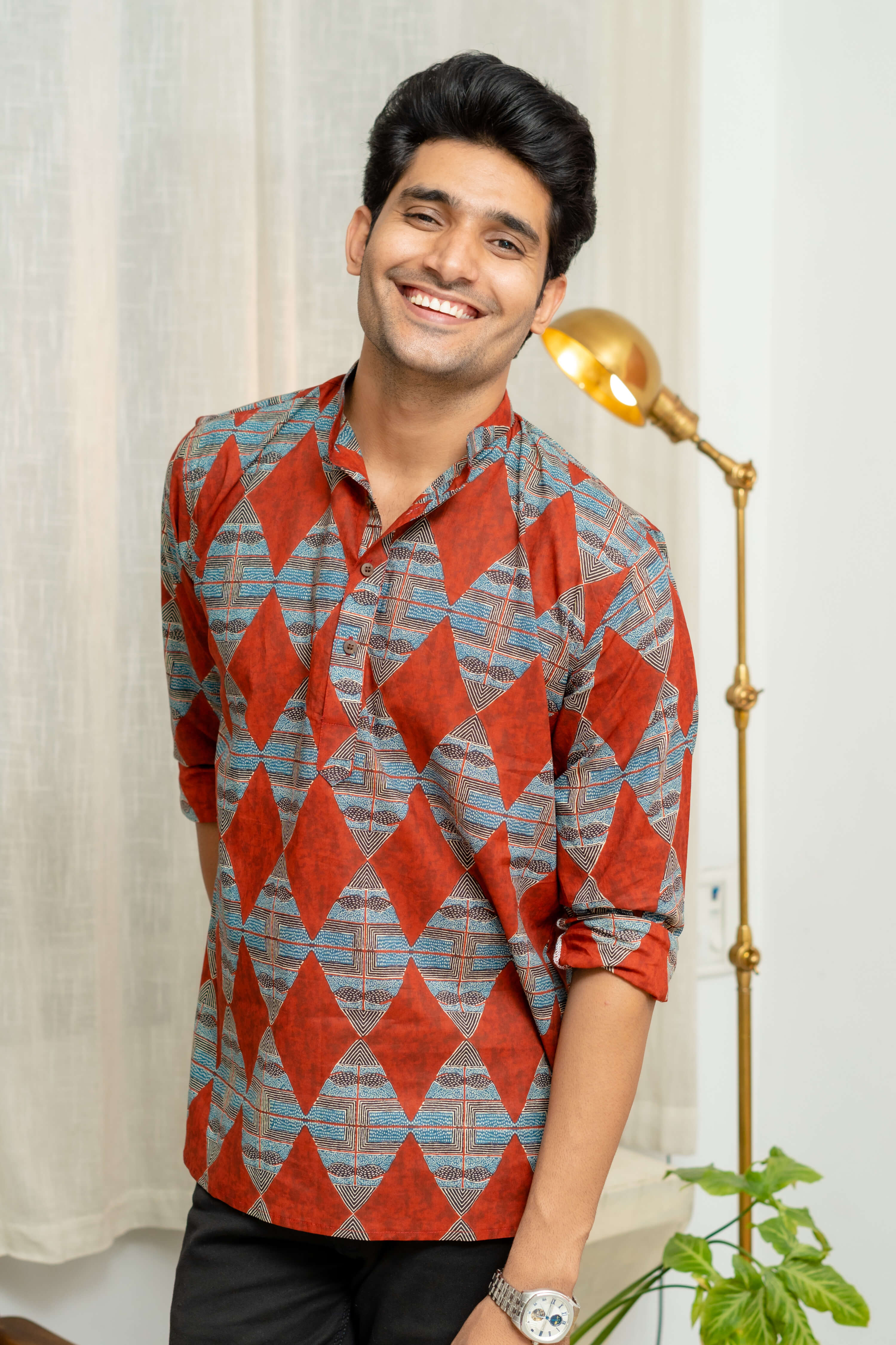 The Diamond Shaped Tribal Print Short Kurta In Brick Color