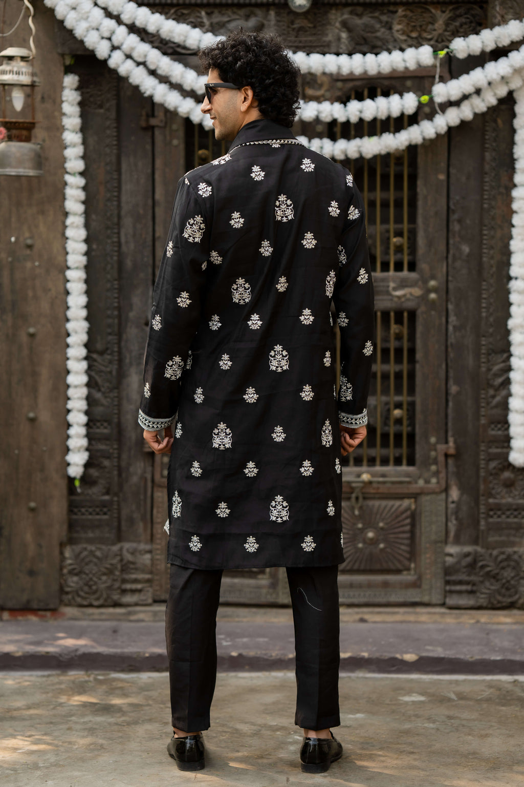 The Black Long Kurta With White Embroidery and Sequins Work With Dupatta and Pajama