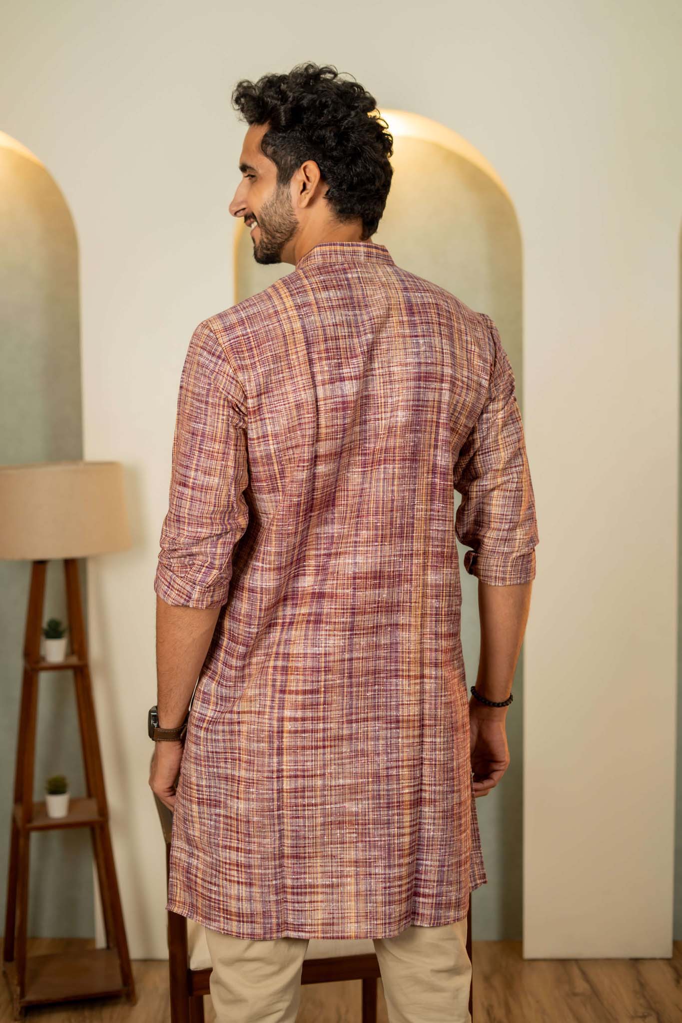 The Rustic Handwoven Long Kurta in Reddish Grey and Light Brown Color