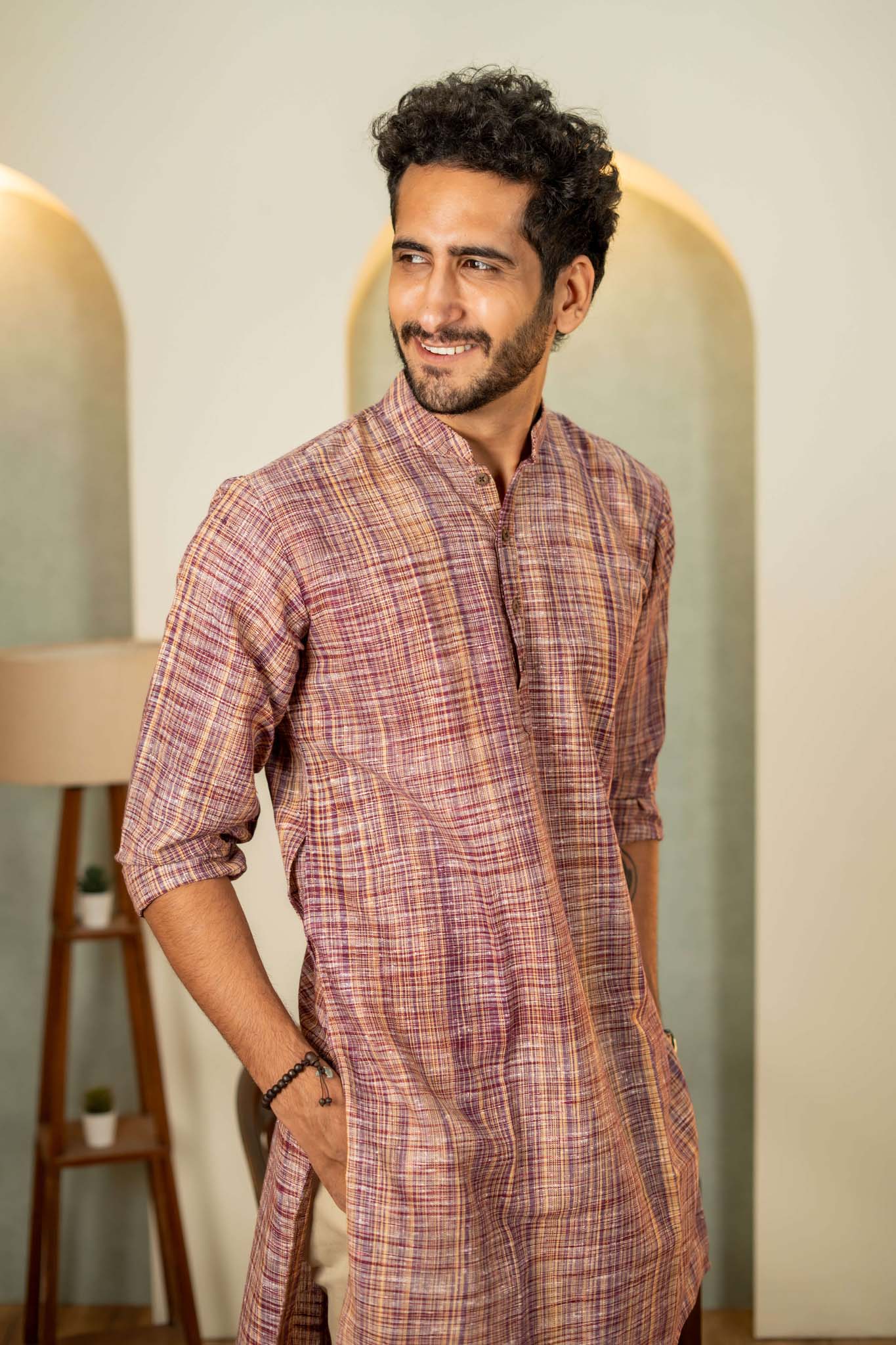 The Rustic Handwoven Long Kurta in Reddish Grey and Light Brown Color