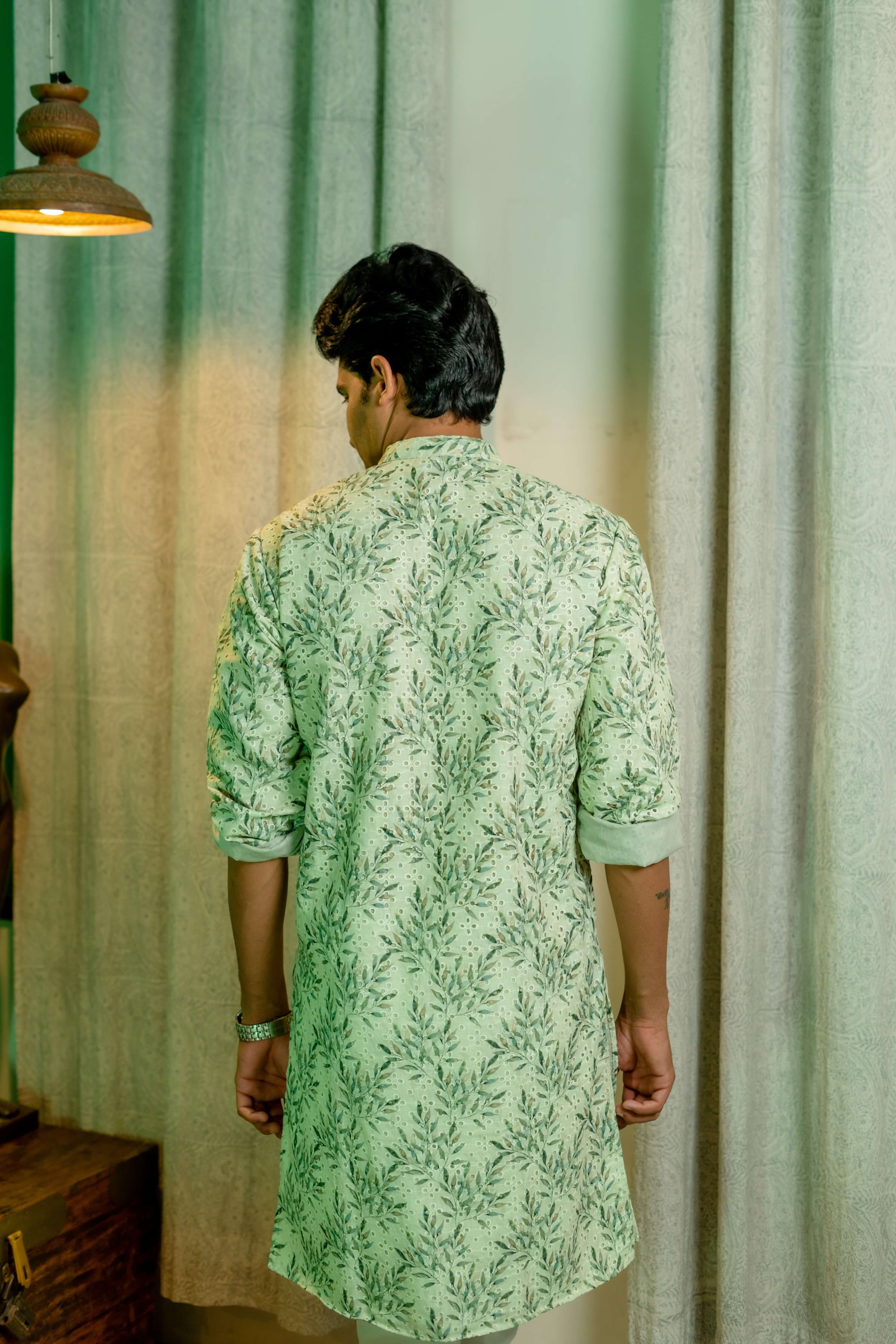 The Green Petal Print Chikan Kari Long Kurta