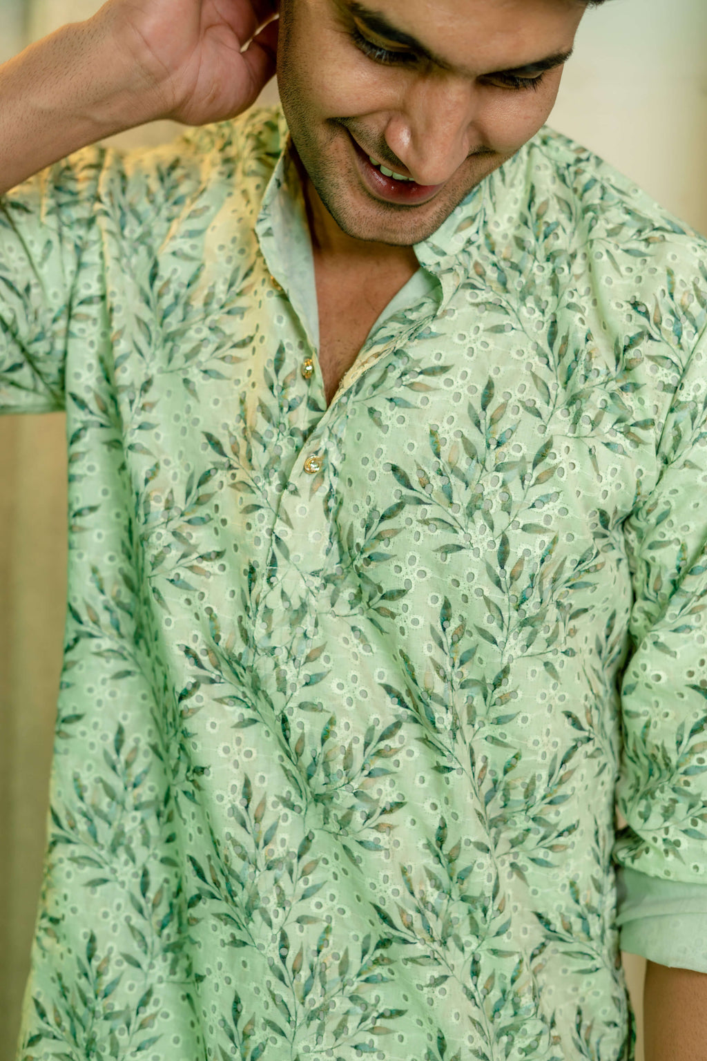 The Green Petal Print Chikan Kari Long Kurta