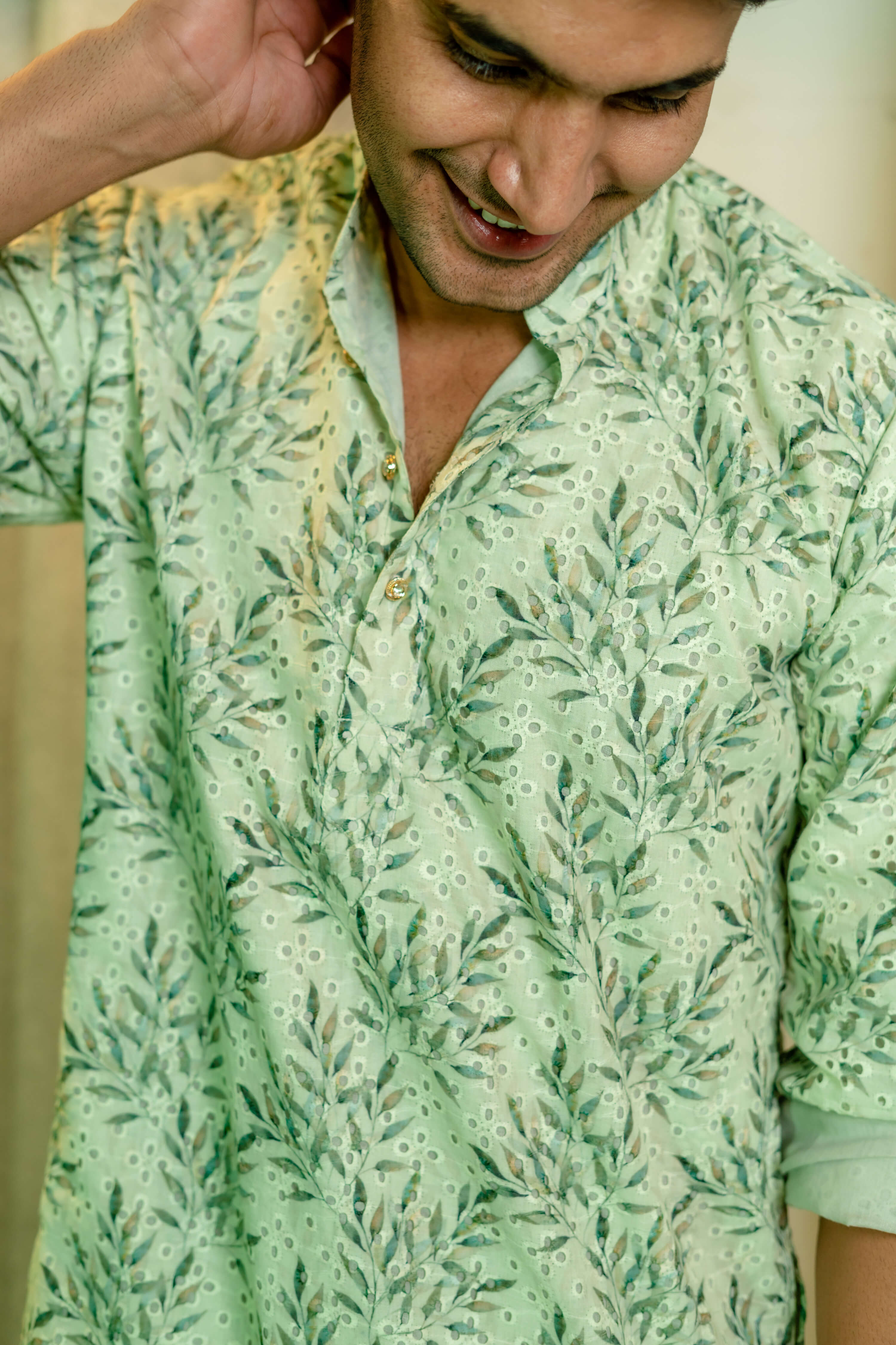 The Green Petal Print Chikan Kari Long Kurta