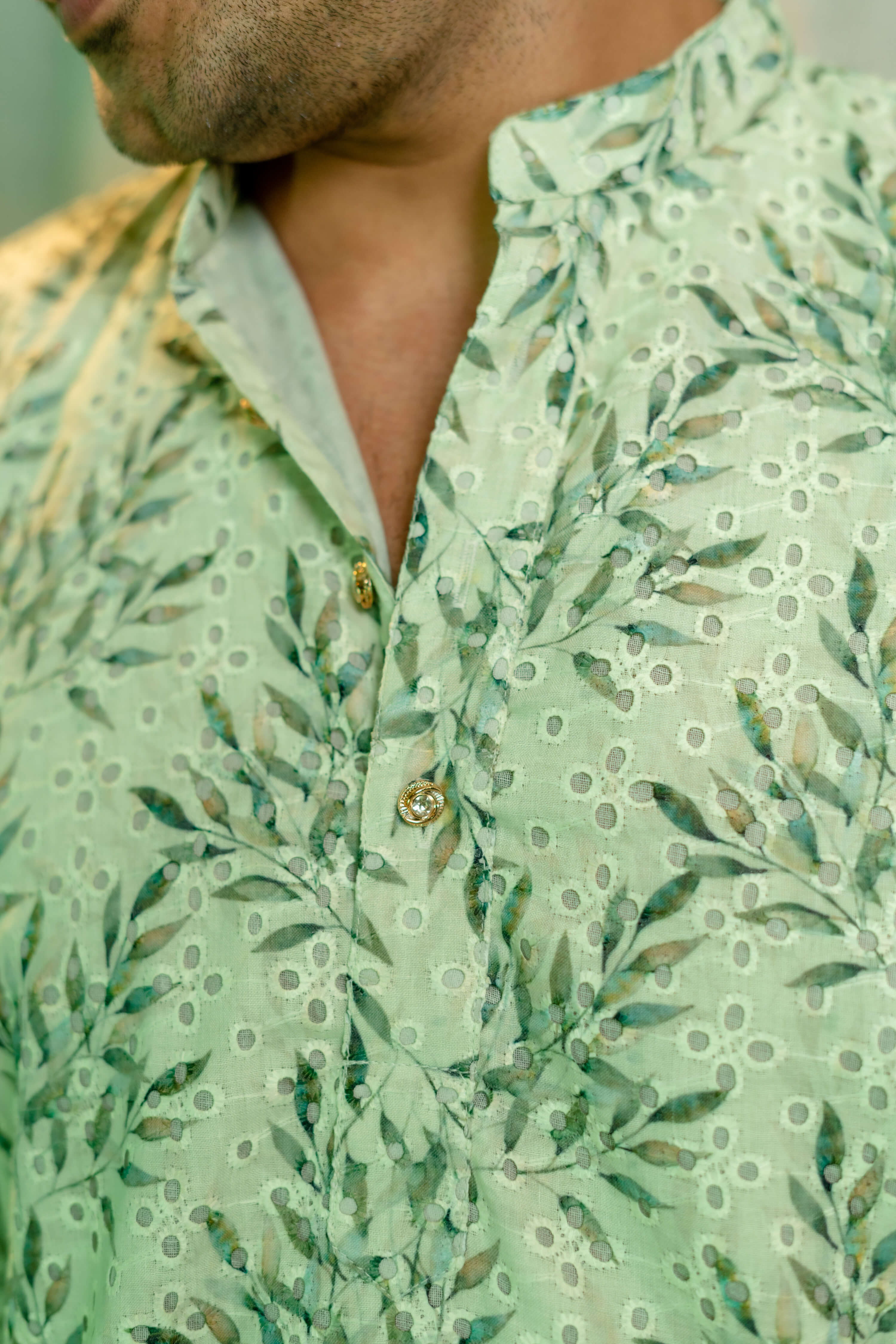 chikan kari long kurta for men close-up look