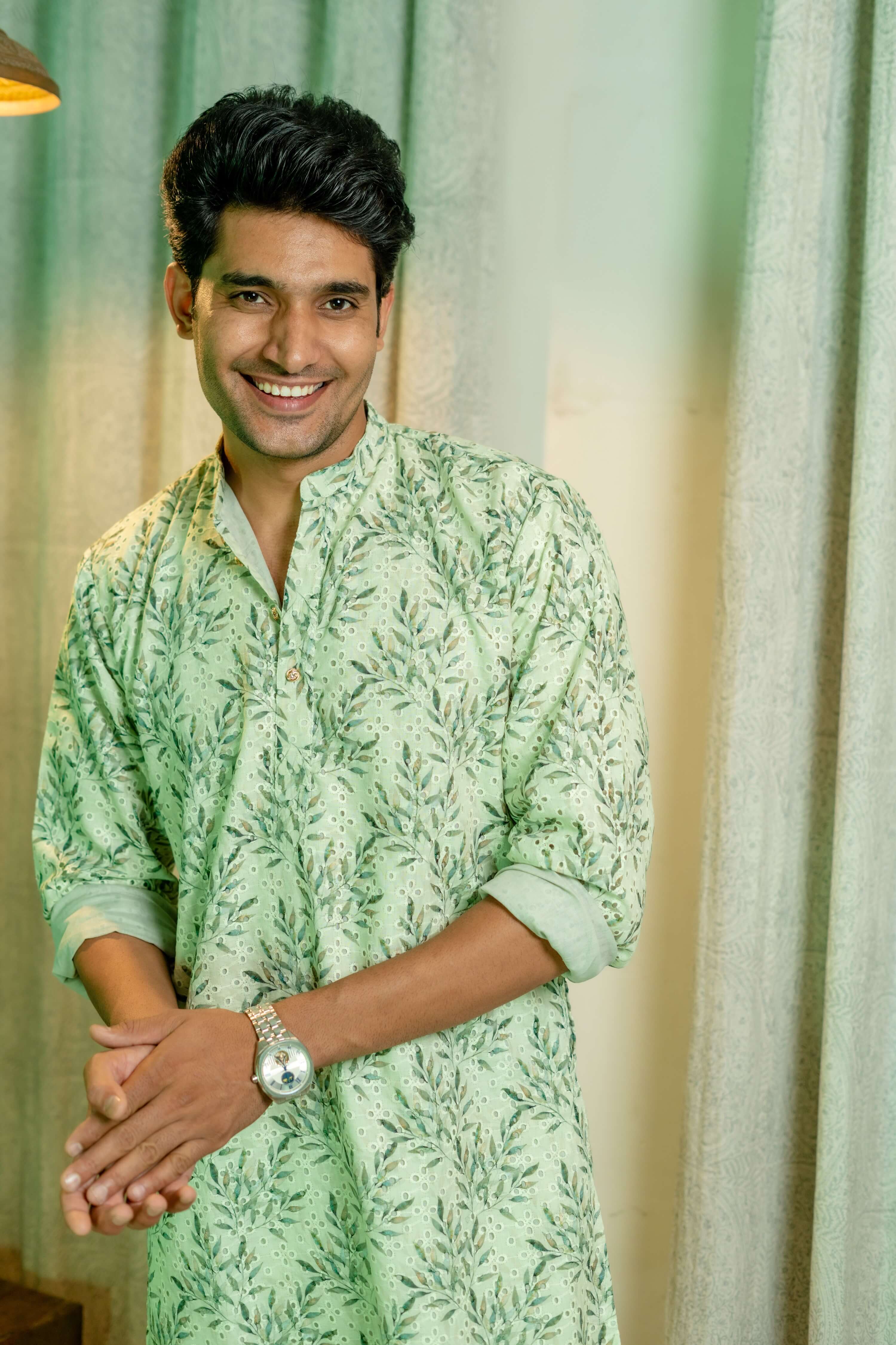 The Green Petal Print Chikan Kari Long Kurta