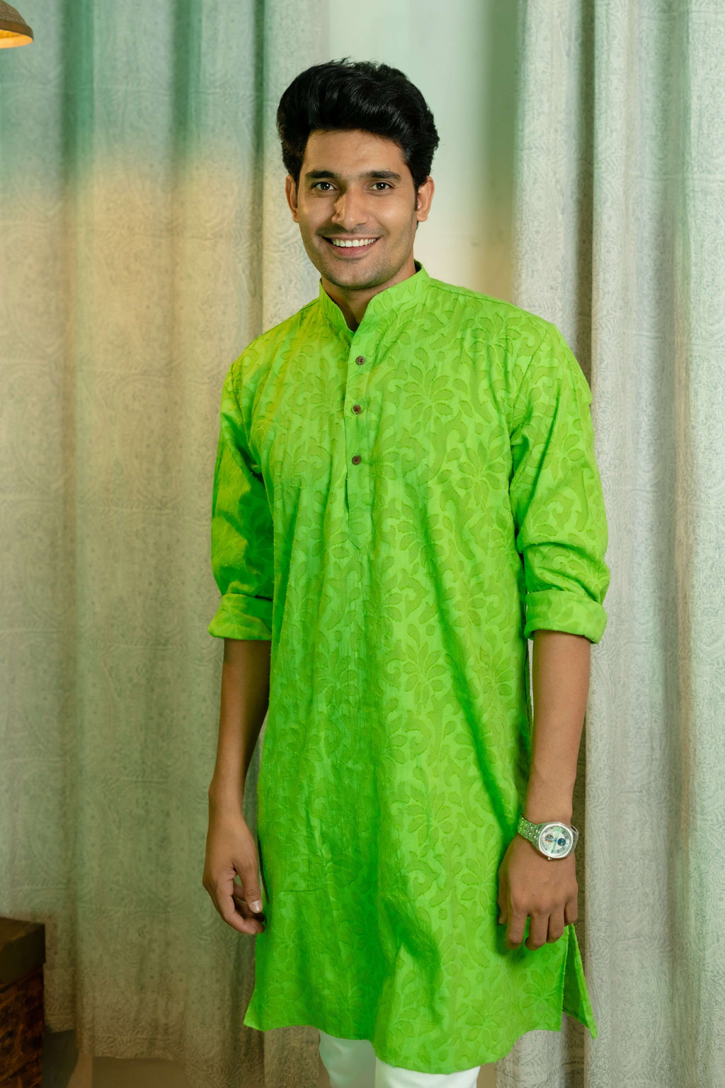 The Green Colour Long Kurta In Woven Dobby Cotton