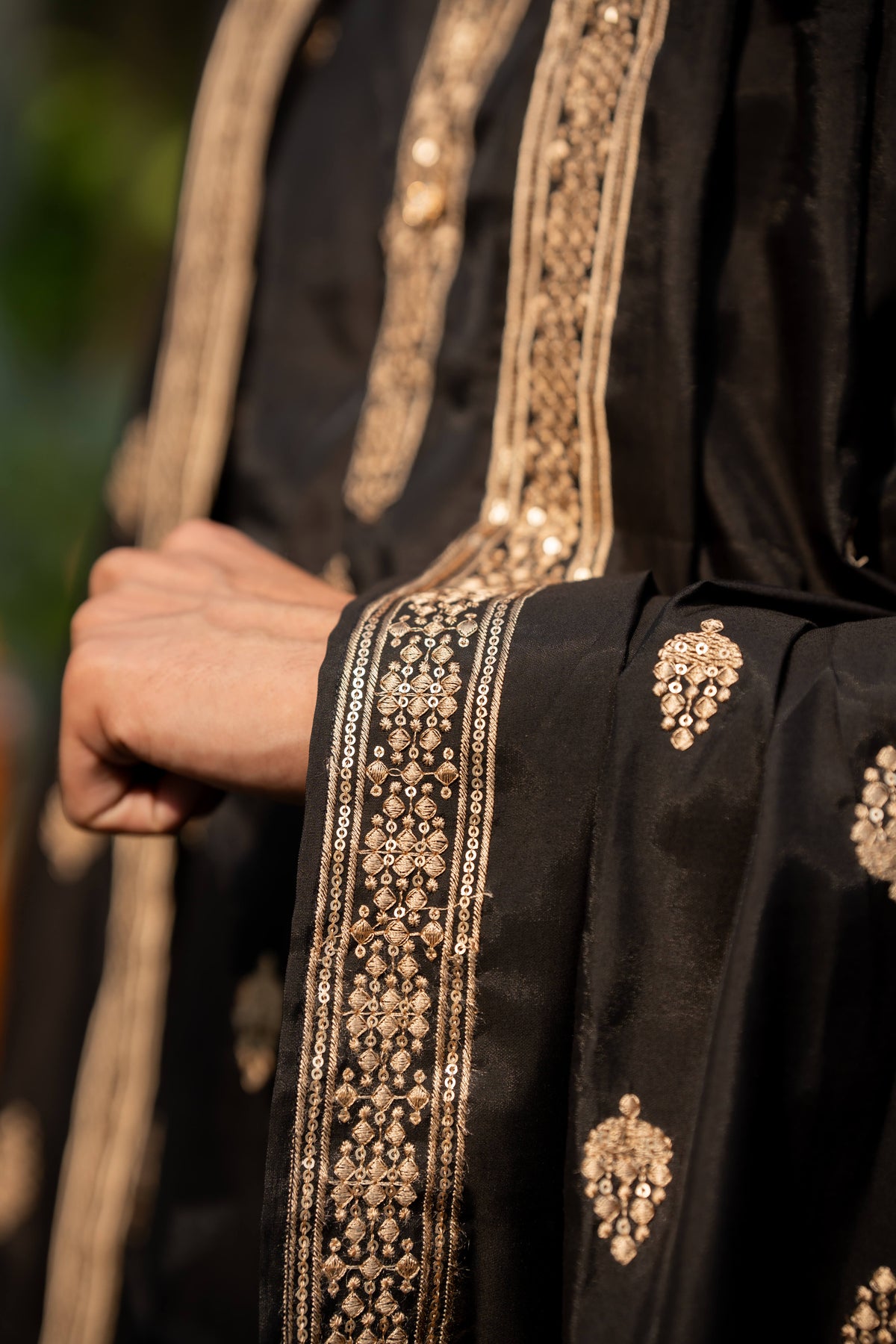 The Black Long Kurta With Butti Embroidery And Sequins Work And Dupatta and Pajama