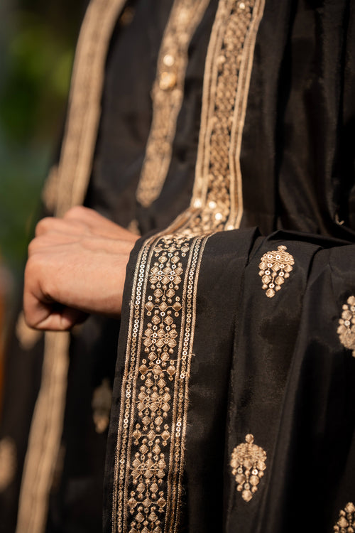 The Black Long Kurta With Butti Embroidery And Sequins Work And Dupatta and Pajama