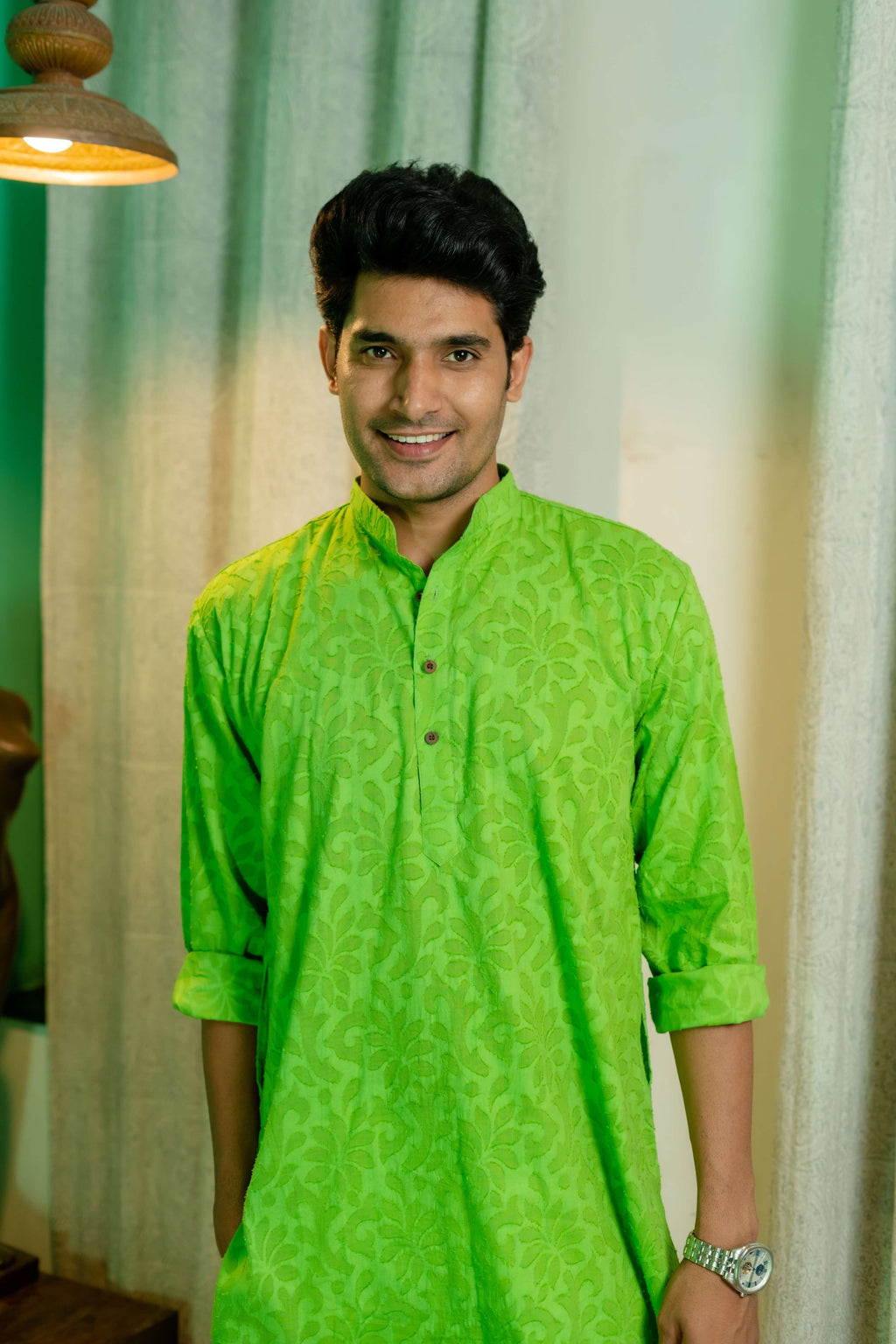 The Green Colour Long Kurta In Woven Dobby Cotton