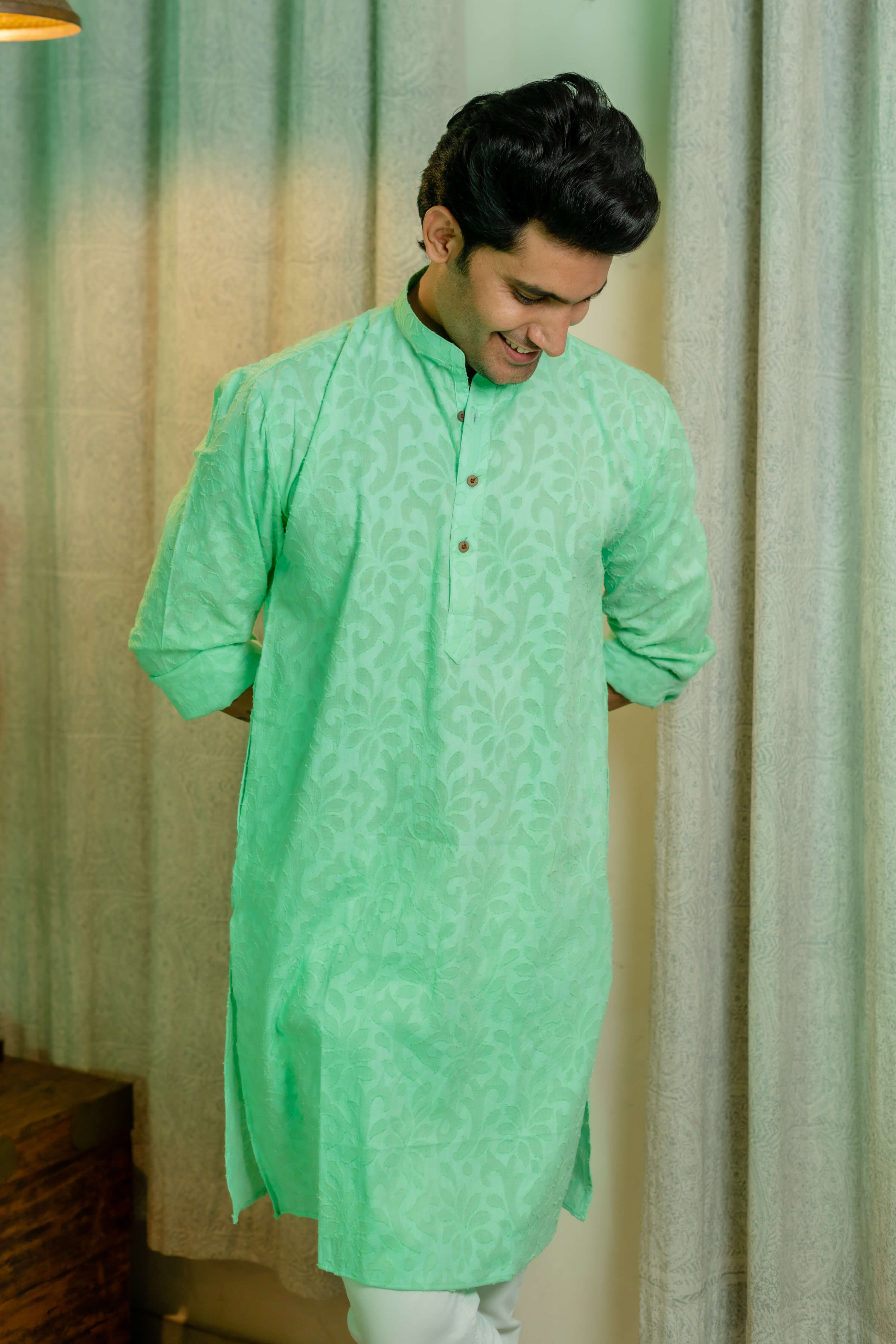 The Pastel Green Colour Long Kurta In Woven Dobby Cotton