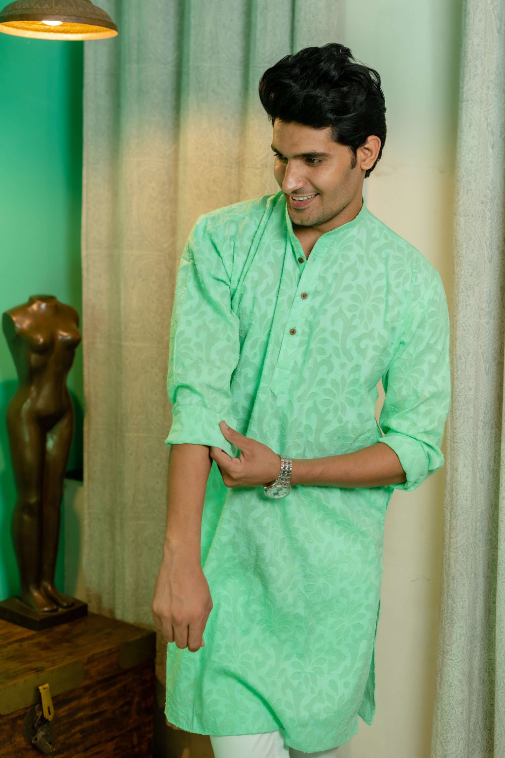 The Pastel Green Colour Long Kurta In Woven Dobby Cotton