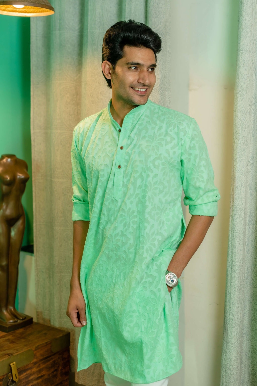 The Pastel Green Colour Long Kurta In Woven Dobby Cotton